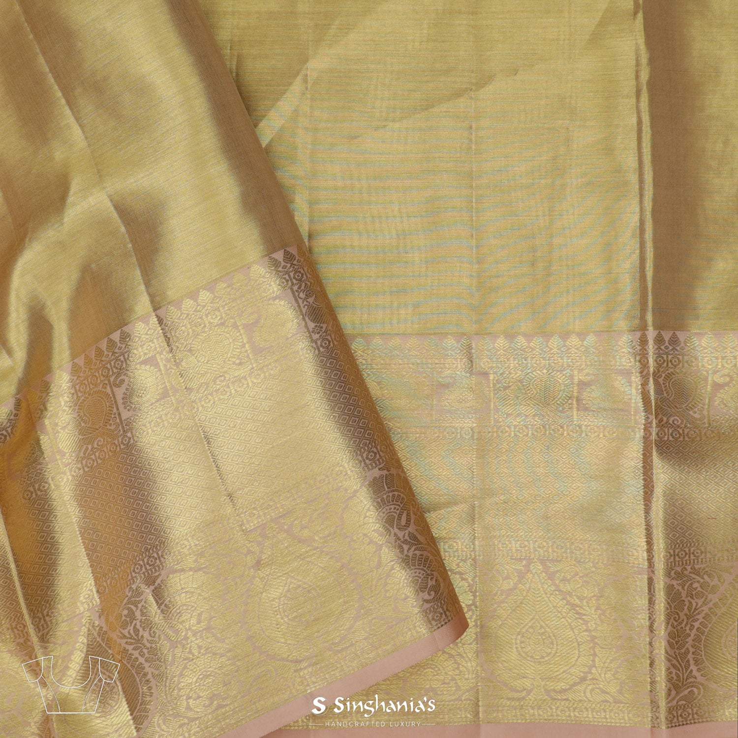 Pale Yellow-Cream Kanjivaram Silk Saree With Diamond Pattern