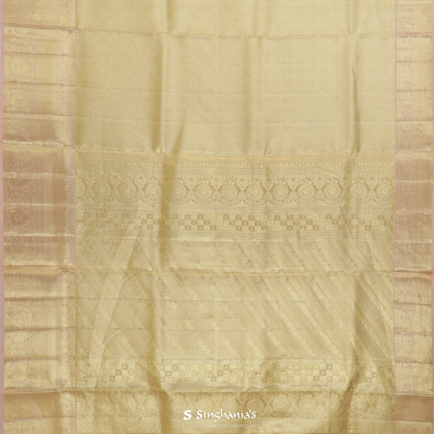 Pale Yellow-Cream Kanjivaram Silk Saree With Diamond Pattern