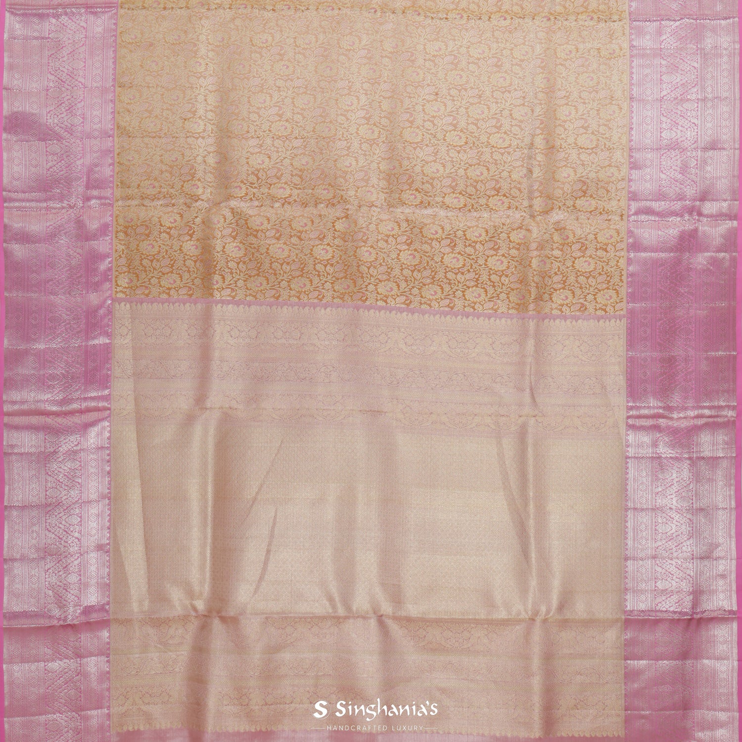 Wheat Orange Kanjivaram Silk Saree With Meenakari Floral Jaal Pattern