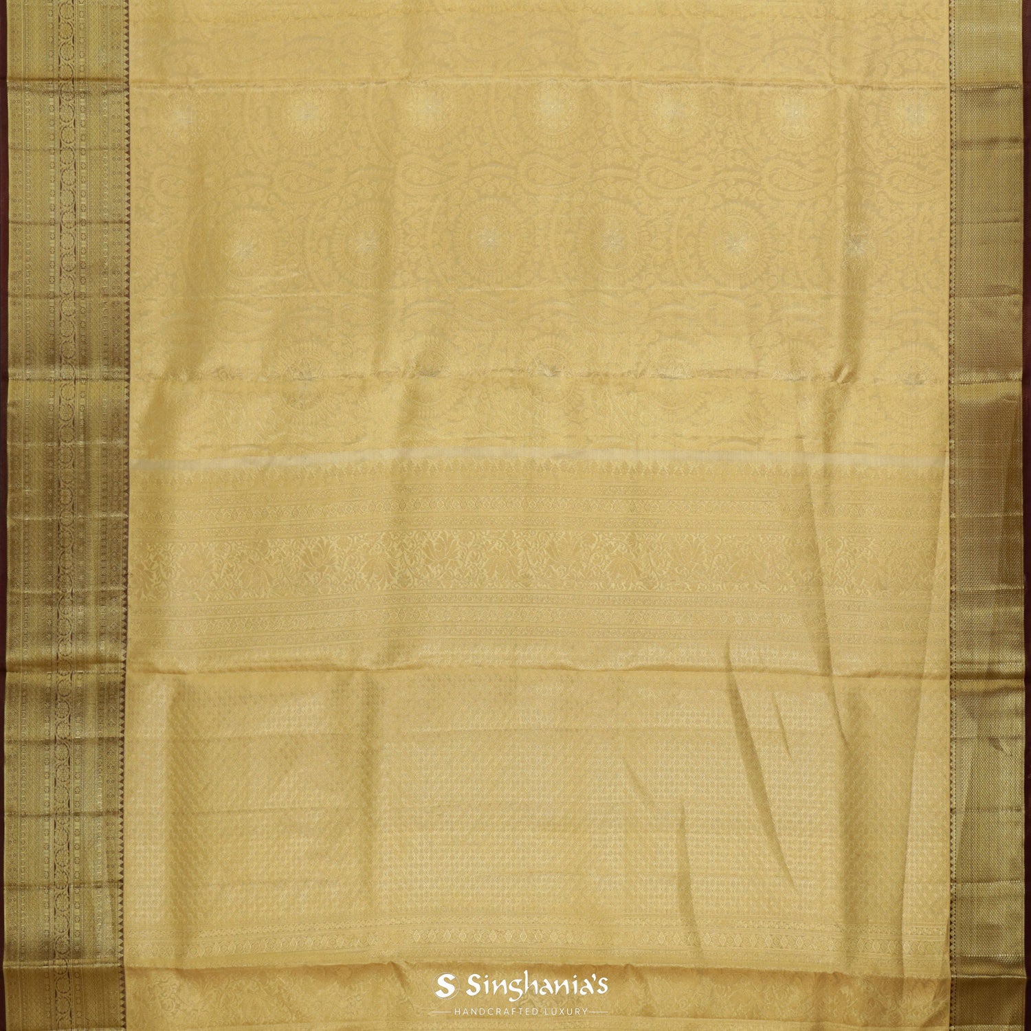 Bright Gold Kanjivaram Silk Saree With Floral Circular Motifs Pattern