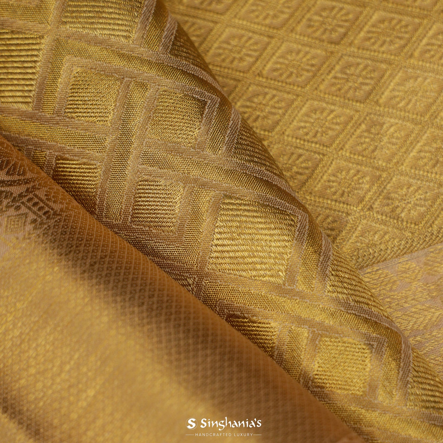 Bright Yellow Gold Kanjivaram Silk Saree With Diamond Pattern