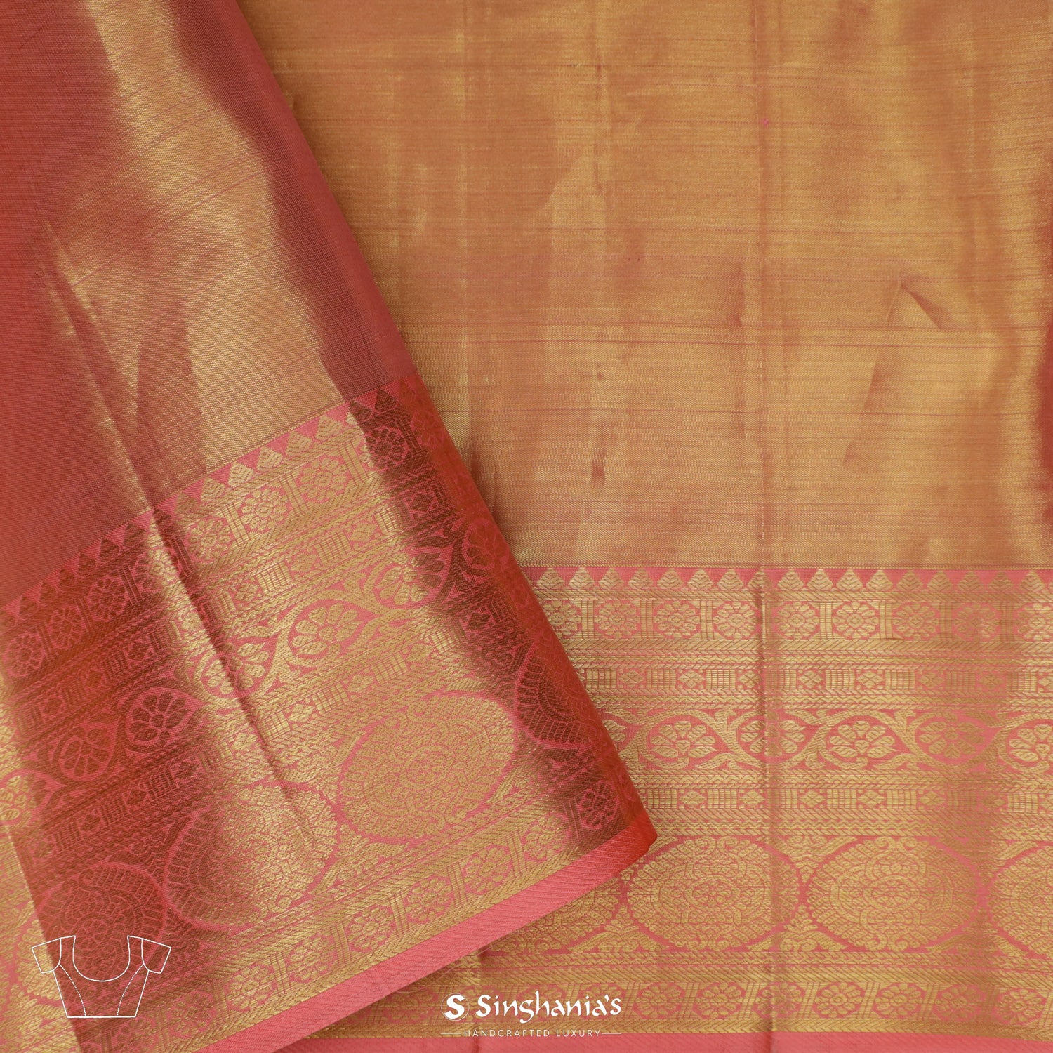 Goldish Pink Kanjivaram Silk Saree With Floral Diamond Pattern