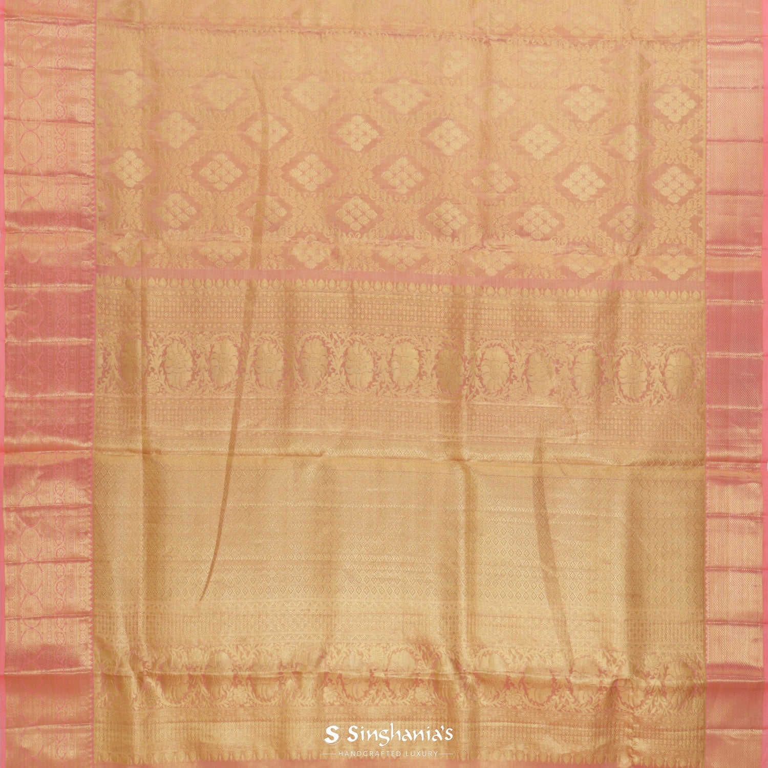 Goldish Pink Kanjivaram Silk Saree With Floral Diamond Pattern