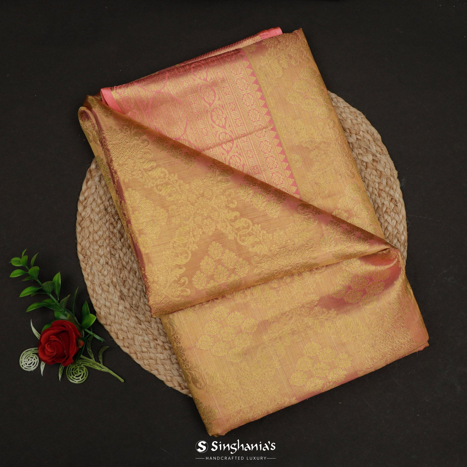Goldish Pink Kanjivaram Silk Saree With Floral Diamond Pattern