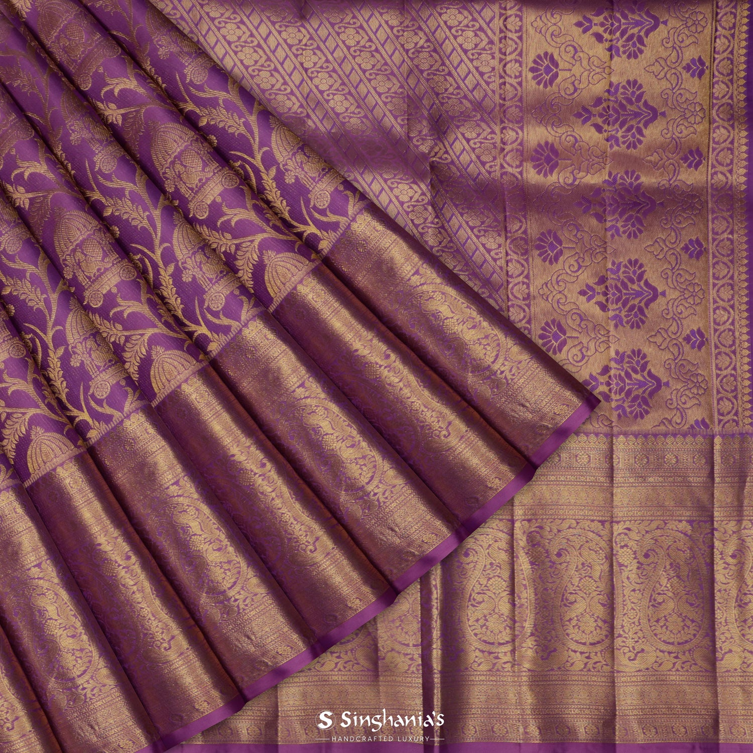 Grape Purple Kanjivaram Silk Saree With Peacock In Chariot Jaal Pattern