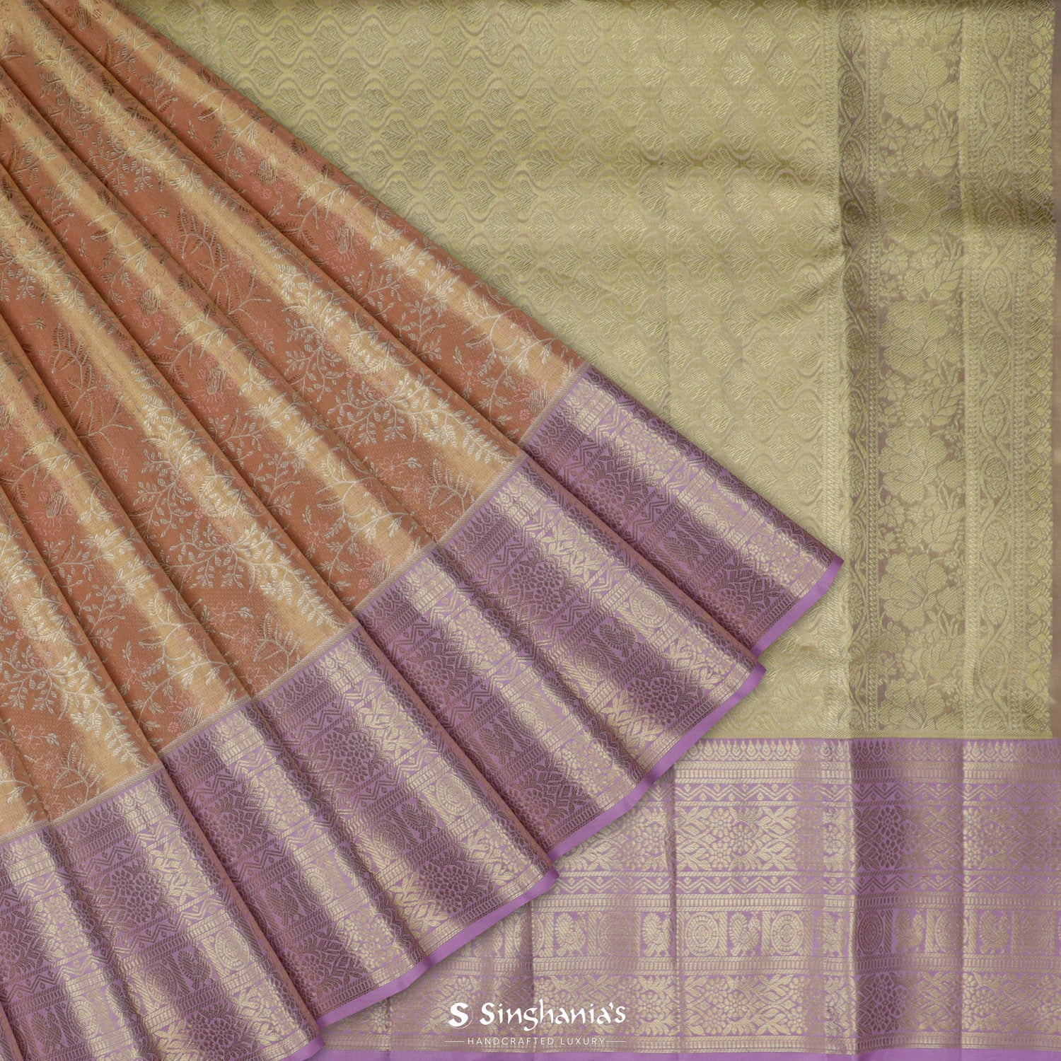 Bisque Peach Kanjivaram Silk Saree With Floral Jaal Pattern