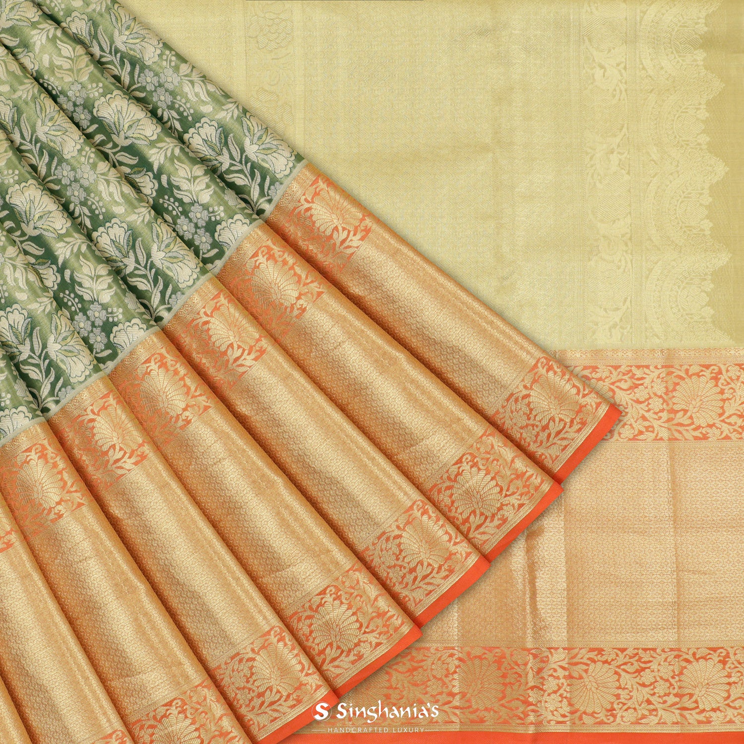 Pista Green Kanjivaram Silk Saree With Meenakari Floral Jaal Pattern