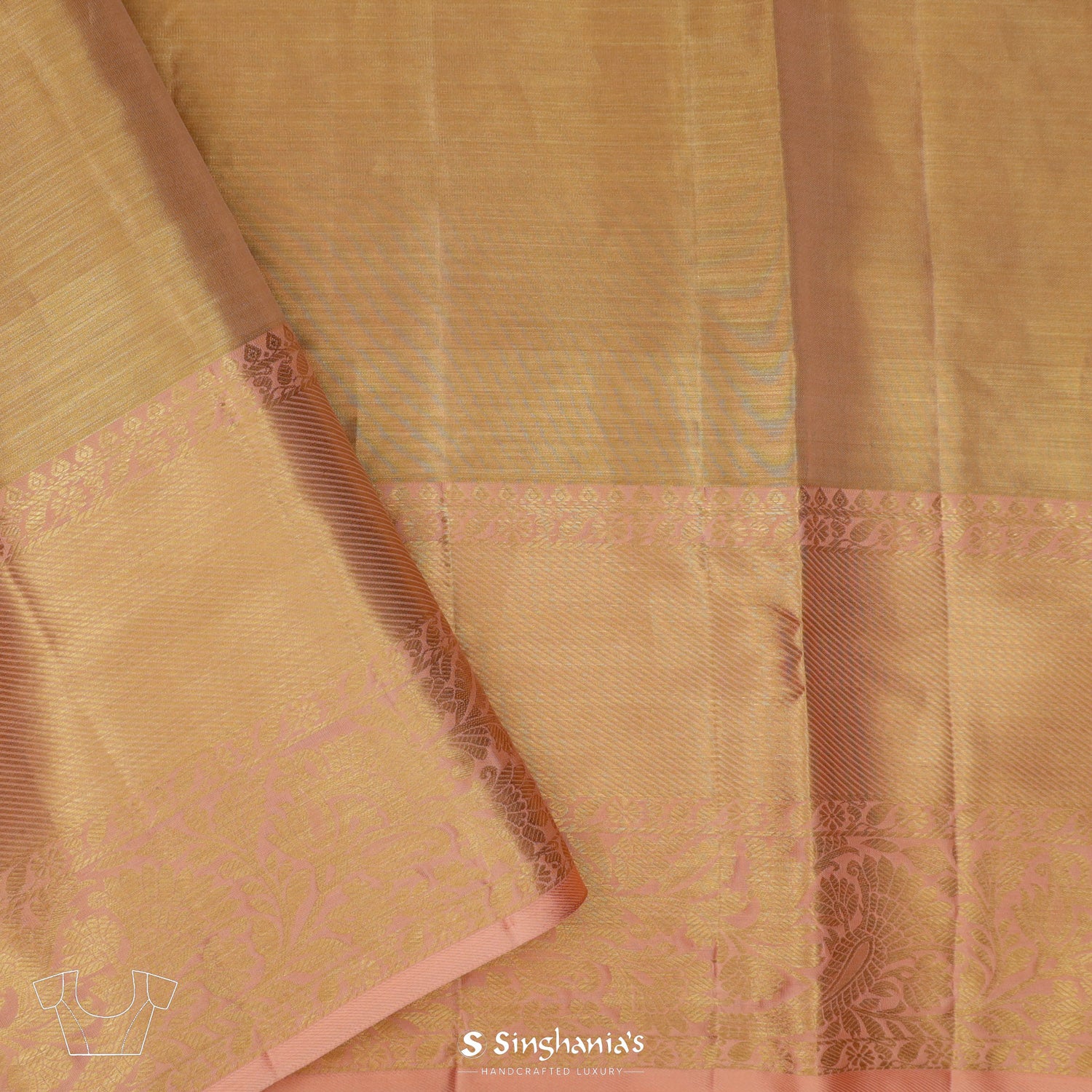 Peach-Gold Kanjivaram Silk Saree With Floral Jaal Pattern