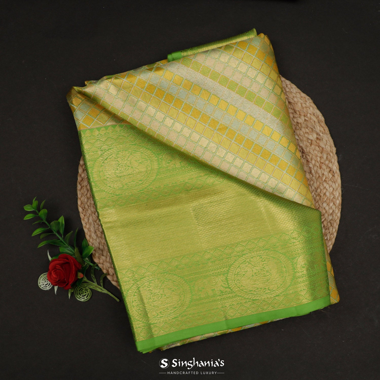 Parrot Green Kanjivaram Silk Saree With Meenakari Checks In Diagonal Stripes Pattern