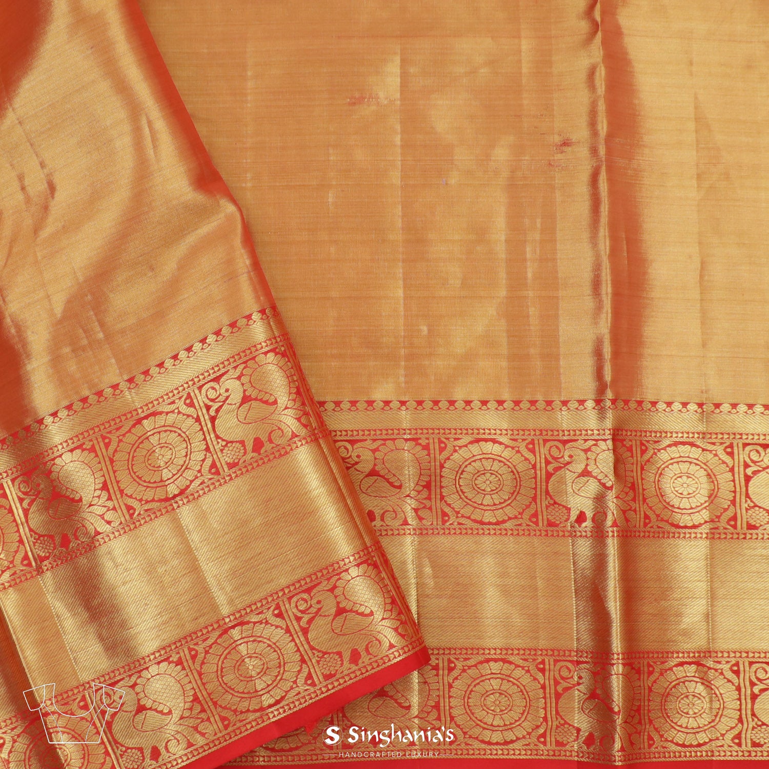Goldish Red Kanjivaram Silk Saree With Checks Pattern