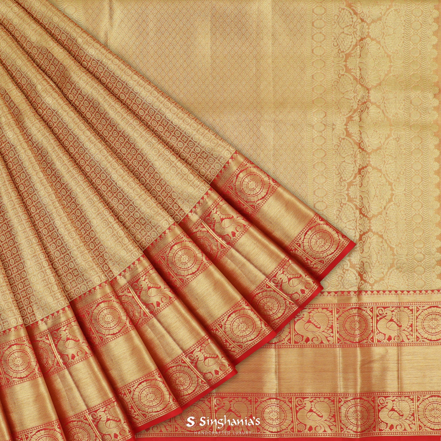 Goldish Red Kanjivaram Silk Saree With Checks Pattern