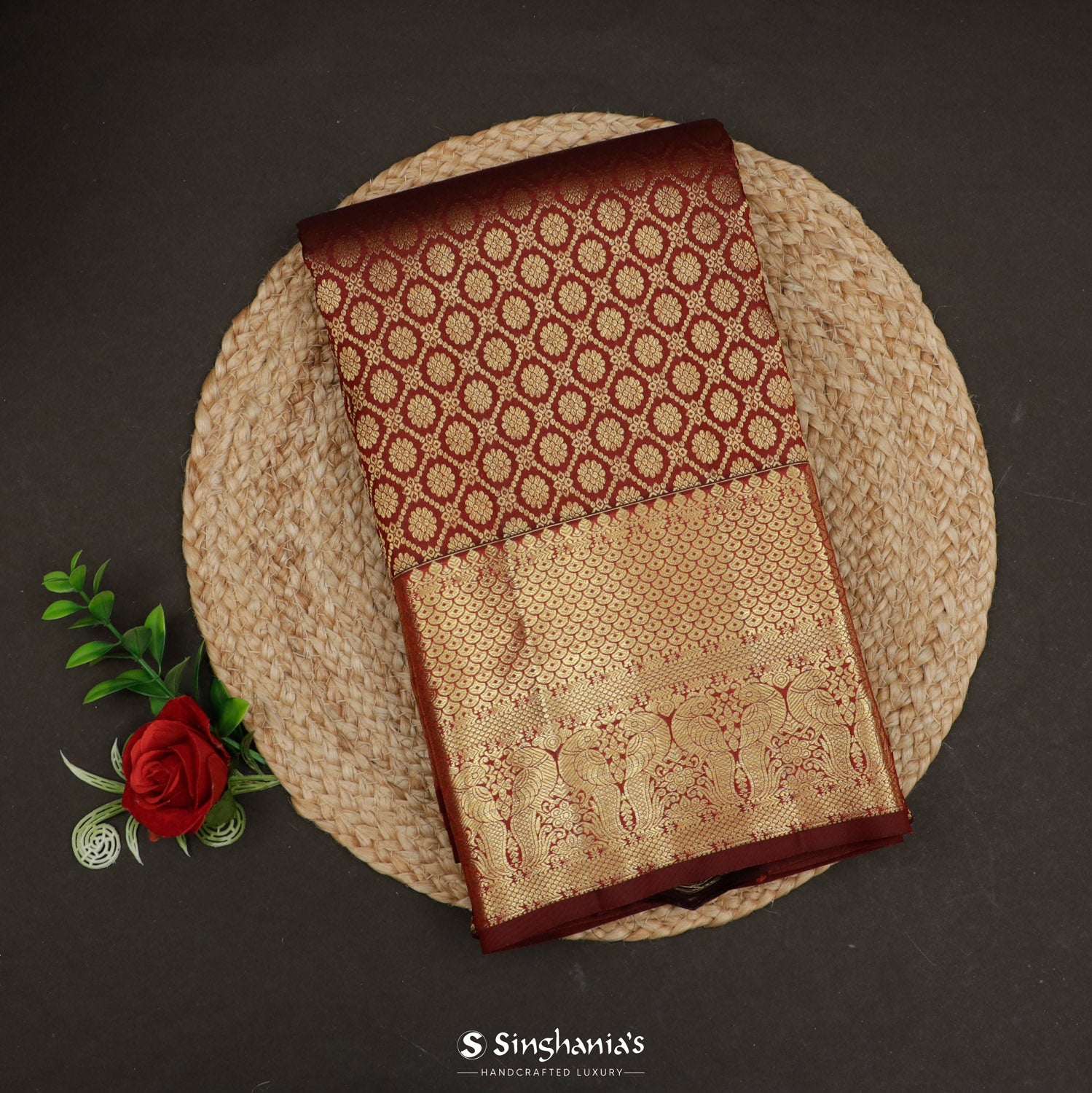 Maroon Kanjivaram Silk Saree With Floral Geometrical Pattern