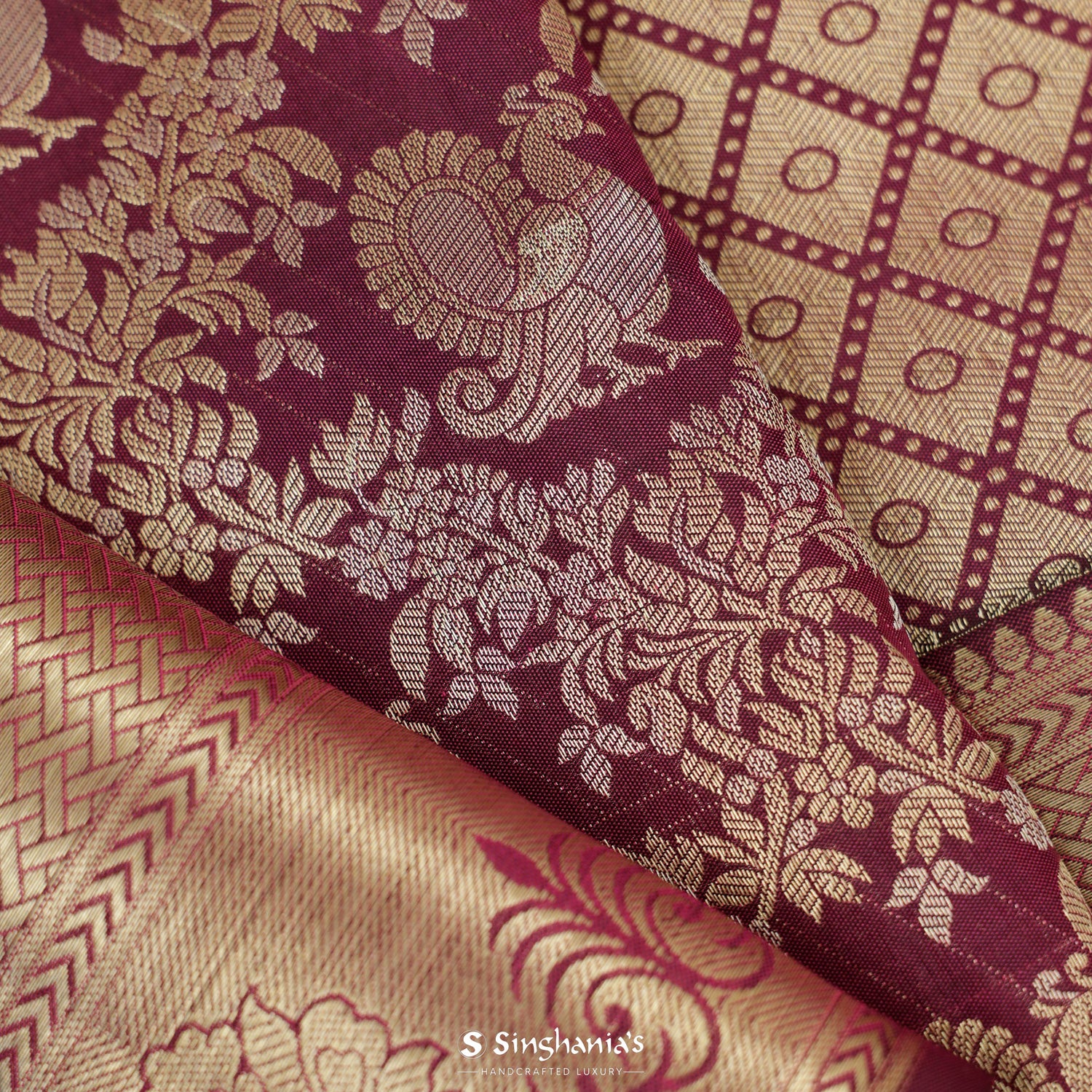 Tyrian Purple Kanjivaram Silk Saree With Peacock Motifs In Diamond Floral Pattern