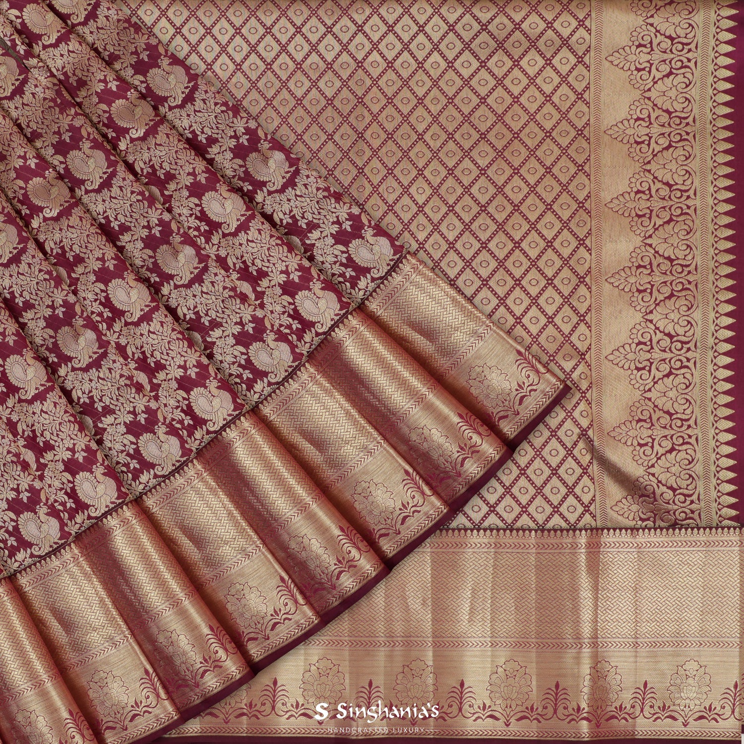 Tyrian Purple Kanjivaram Silk Saree With Peacock Motifs In Diamond Floral Pattern