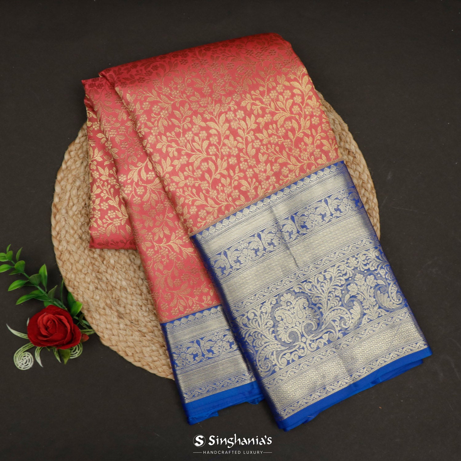 Bright Candy Pink Kanjivaram Silk Saree With Floral Jaal Pattern