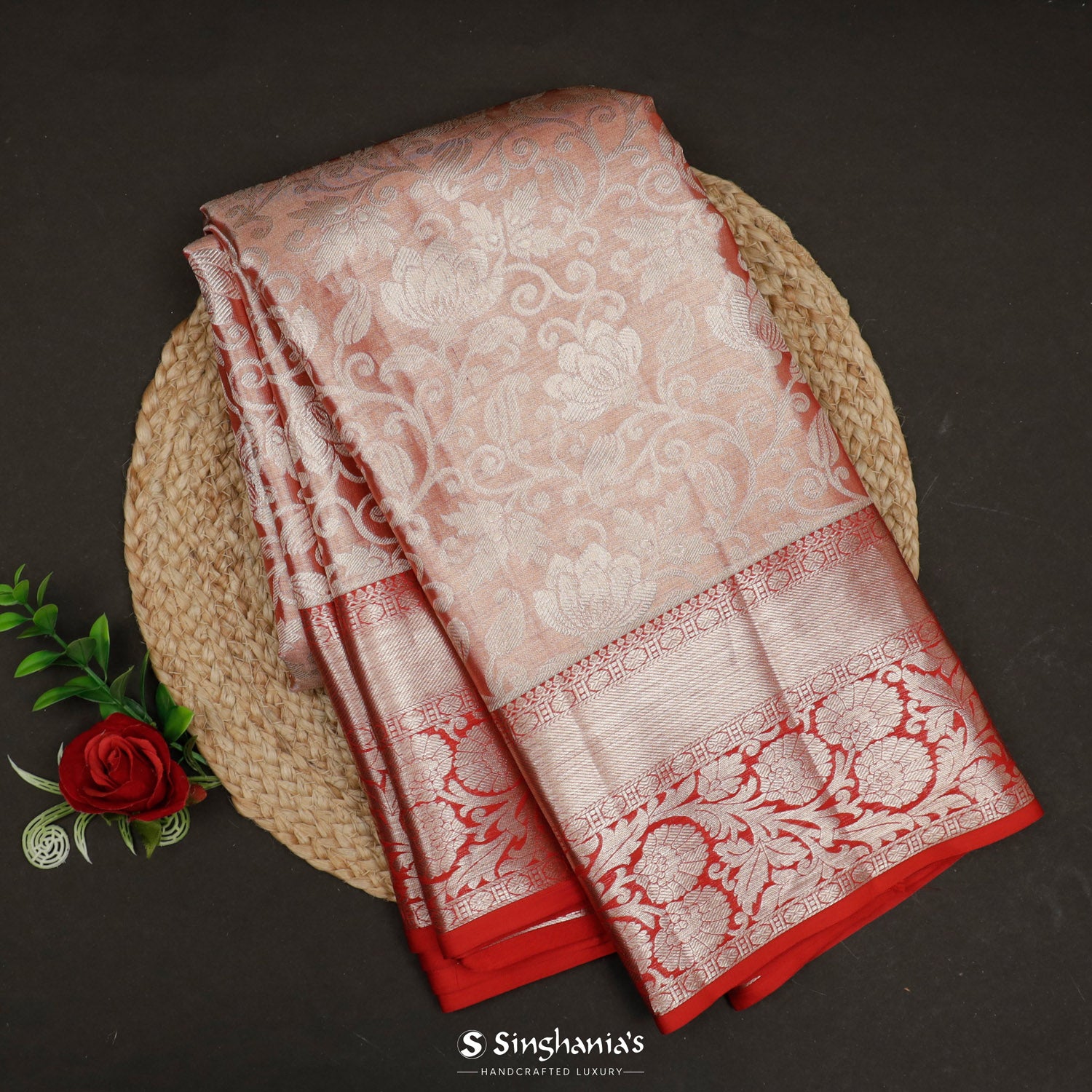 Pastel Red Kanjivaram Silk Saree With Floral Jaal Pattern