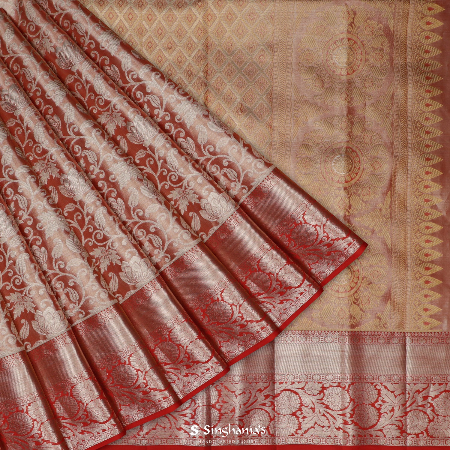 Pastel Red Kanjivaram Silk Saree With Floral Jaal Pattern