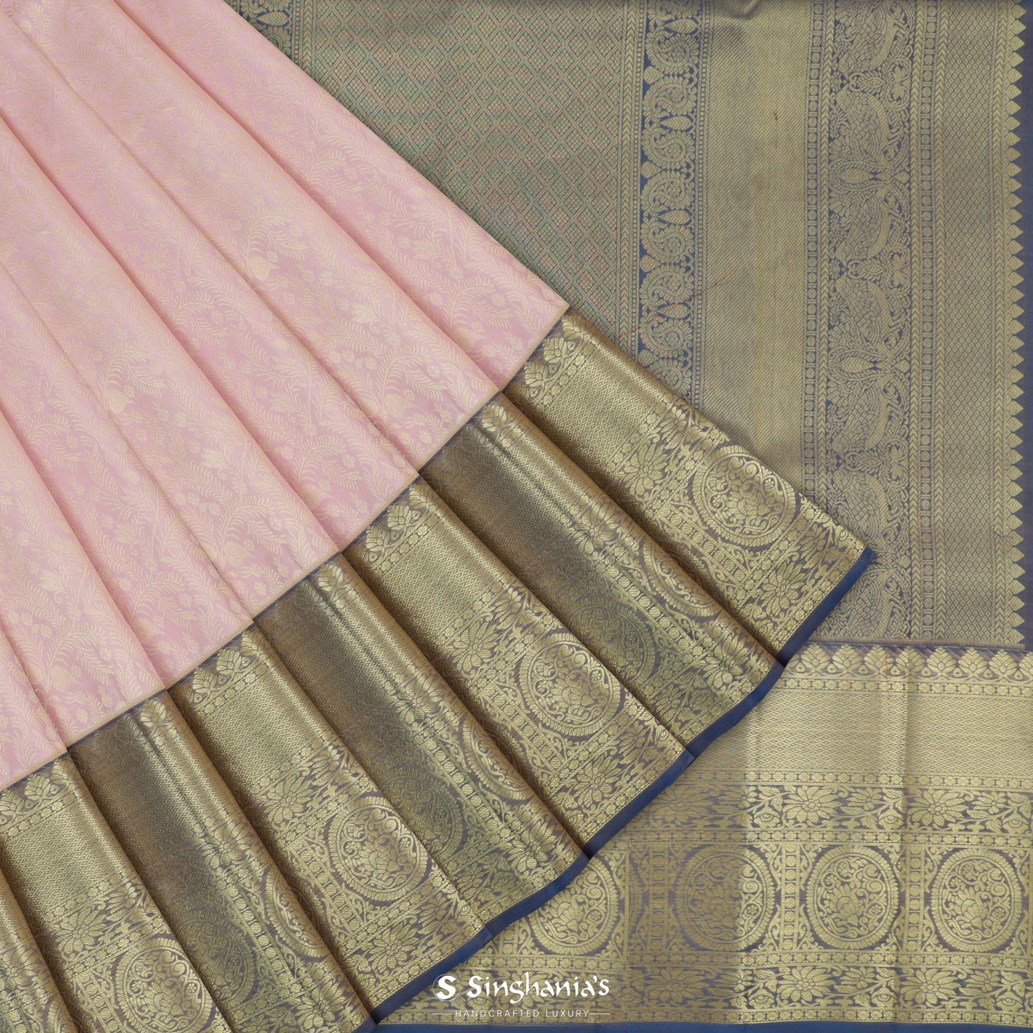 Shampoo Pink Kanjivaram Silk Saree With Floral Jaal Pattern