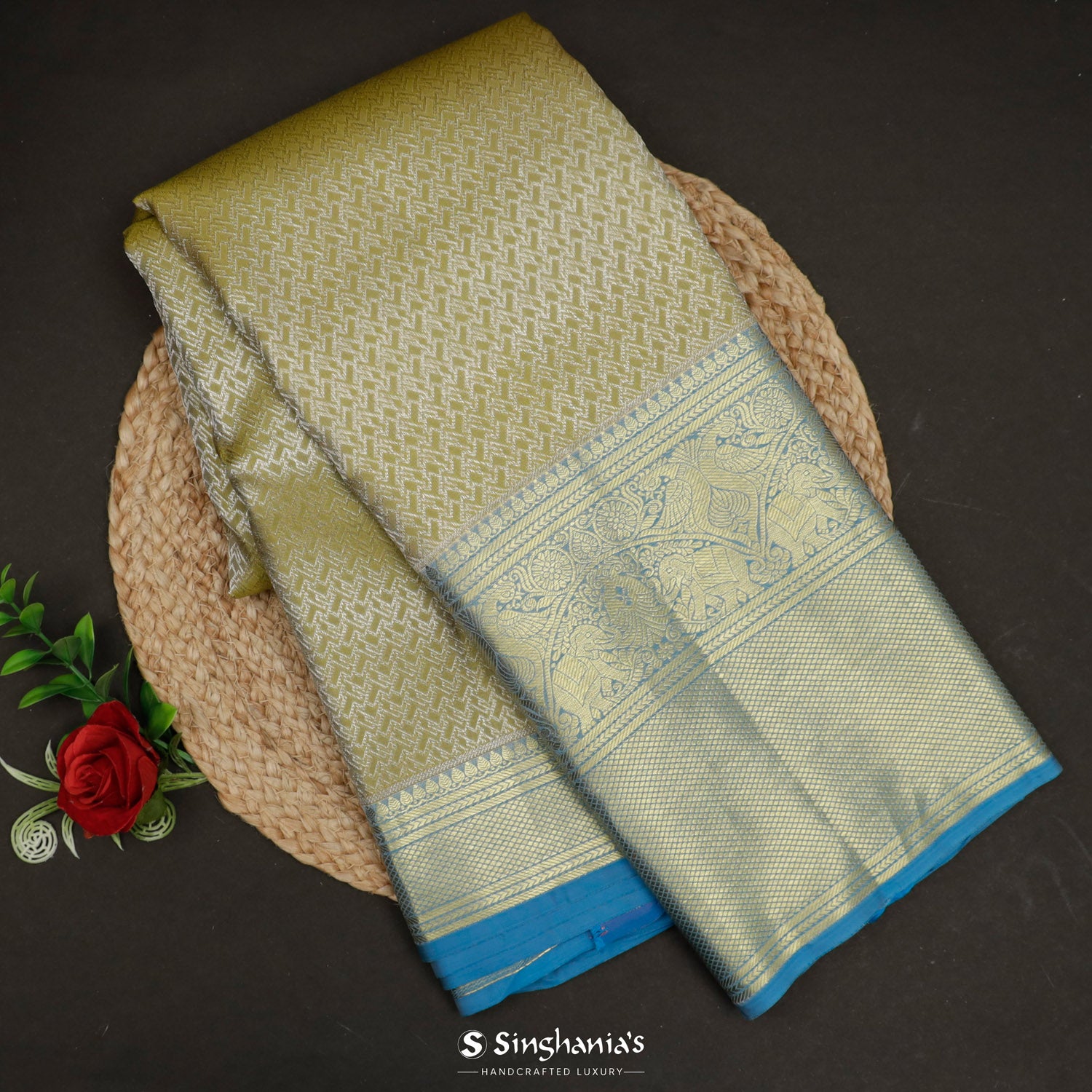 Medium Spring Green Kanjivaram Silk Saree With Brocade Pattern