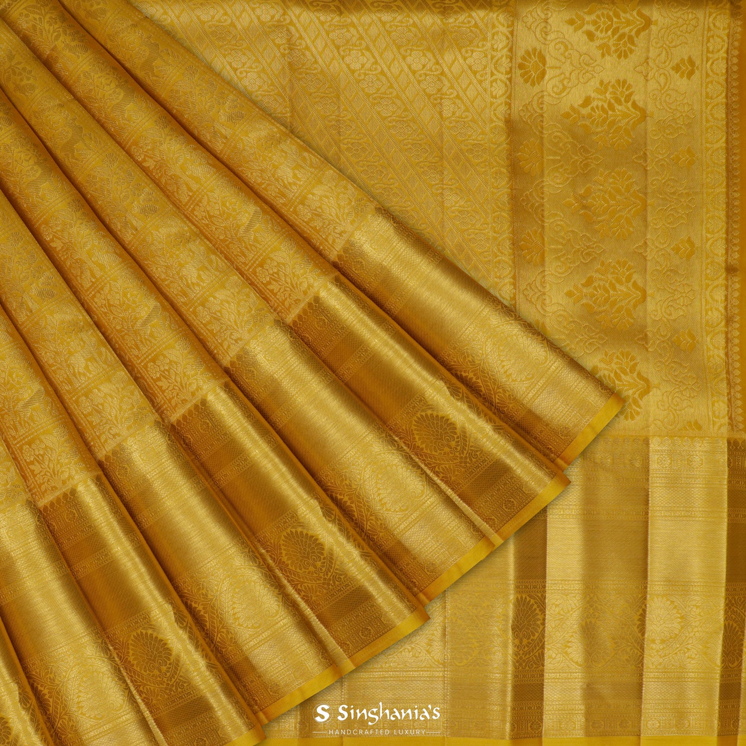 Sunrise Yellow Kanjivaram Silk Saree With Floral Fauna Pattern