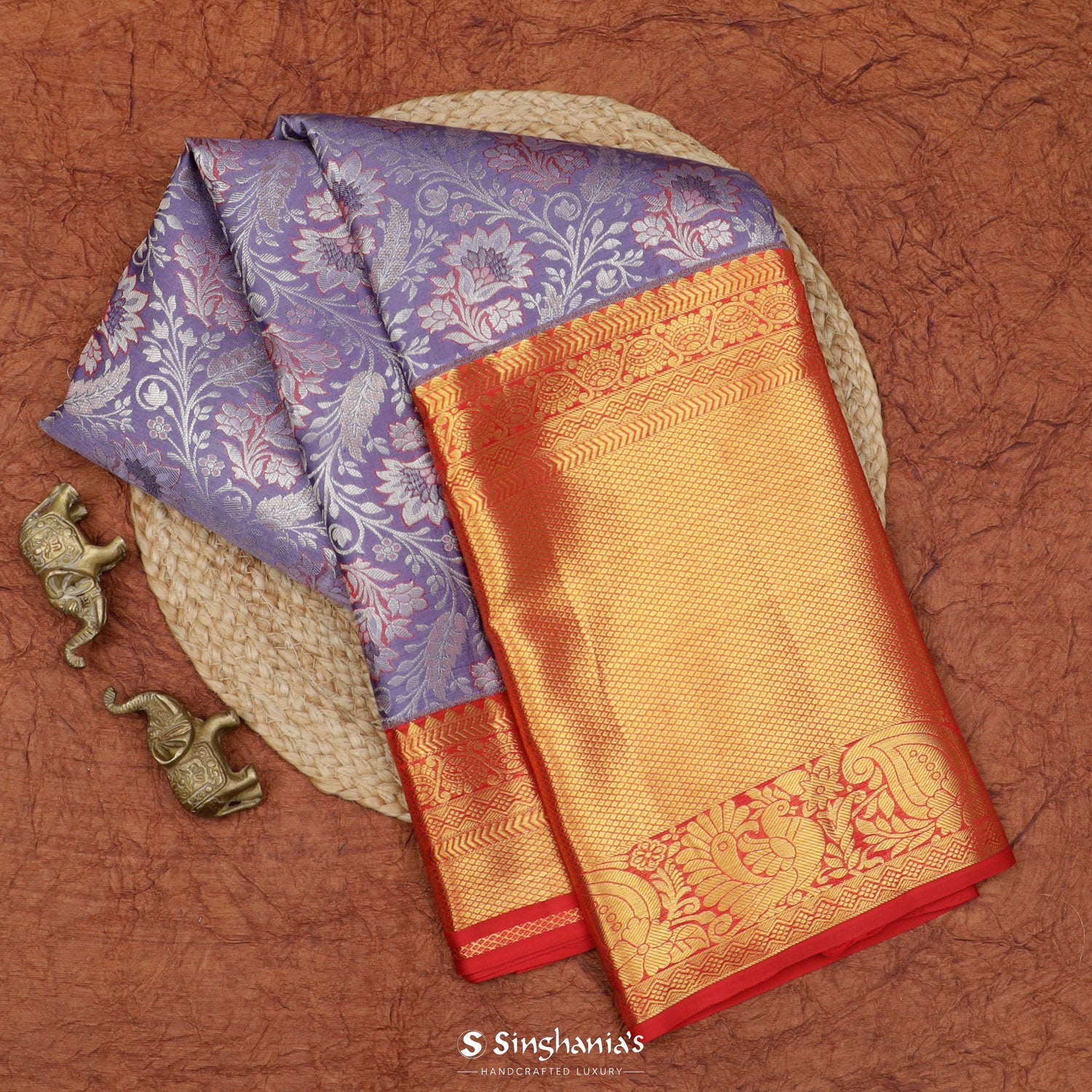 Periwinkle Purple Kanjivaram Silk Saree With Floral Jaal Pattern