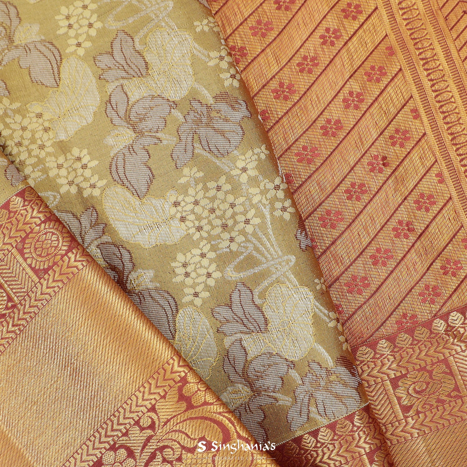 Bright Relax Yellow Kanjivaram Silk Saree With Floral Jaal Pattern