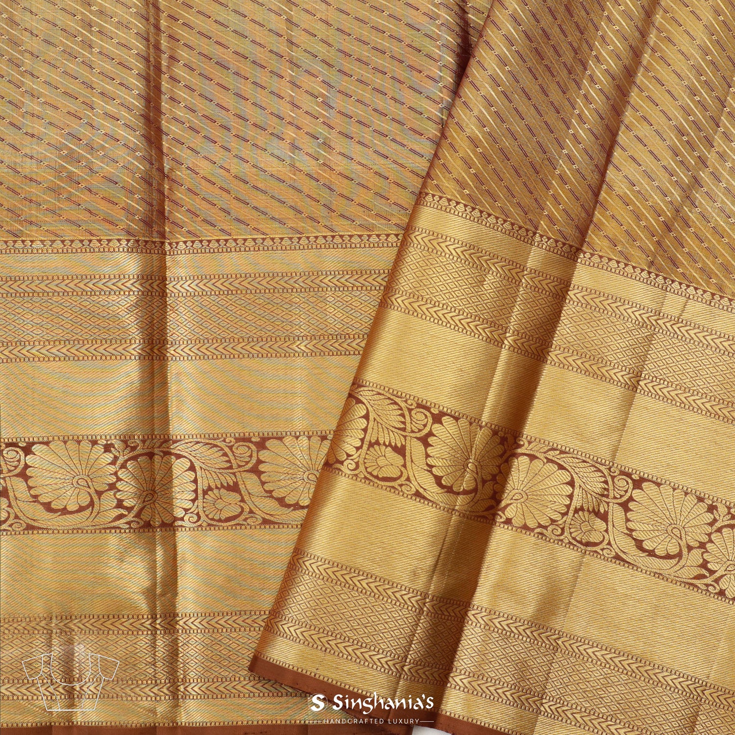 Gold Kanjivaram Silk Saree With Diagonal Stripes Pattern