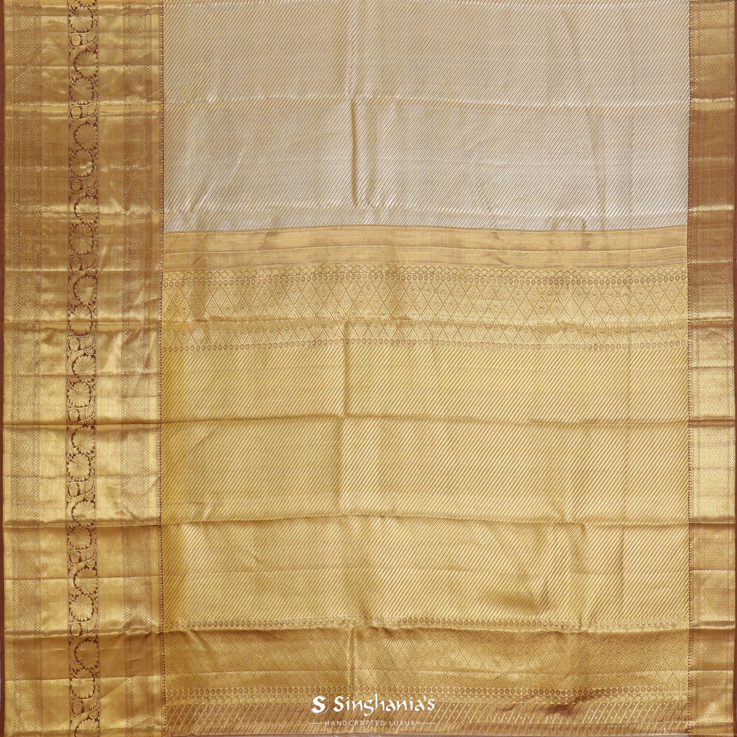 Gold Kanjivaram Silk Saree With Diagonal Stripes Pattern