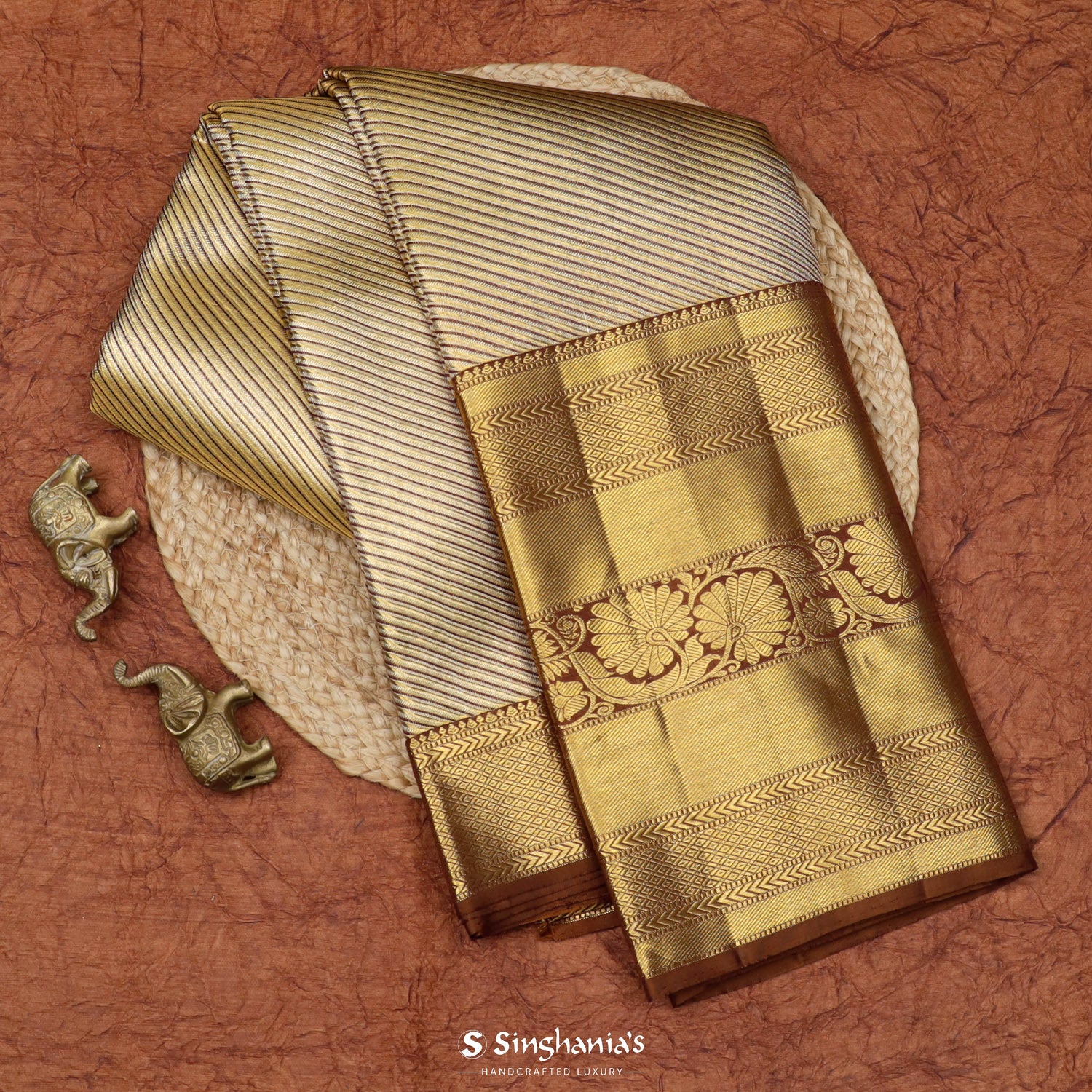 Gold Kanjivaram Silk Saree With Diagonal Stripes Pattern