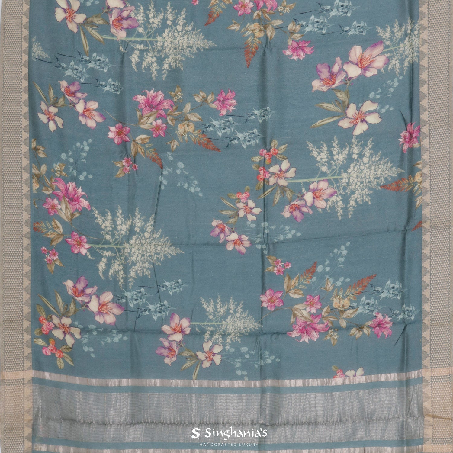 Queen Blue Printed Tussar Saree With Floral Pattern