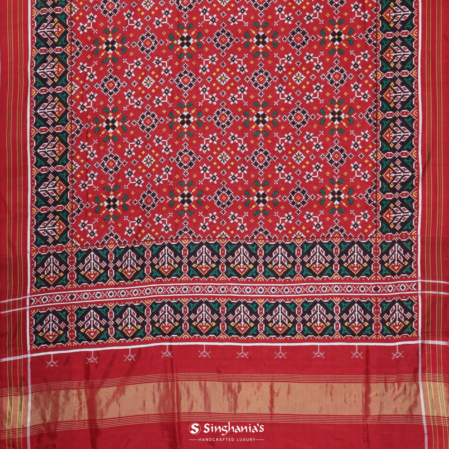 Dark Red Patola Silk Saree With Floral Fauna Pattern