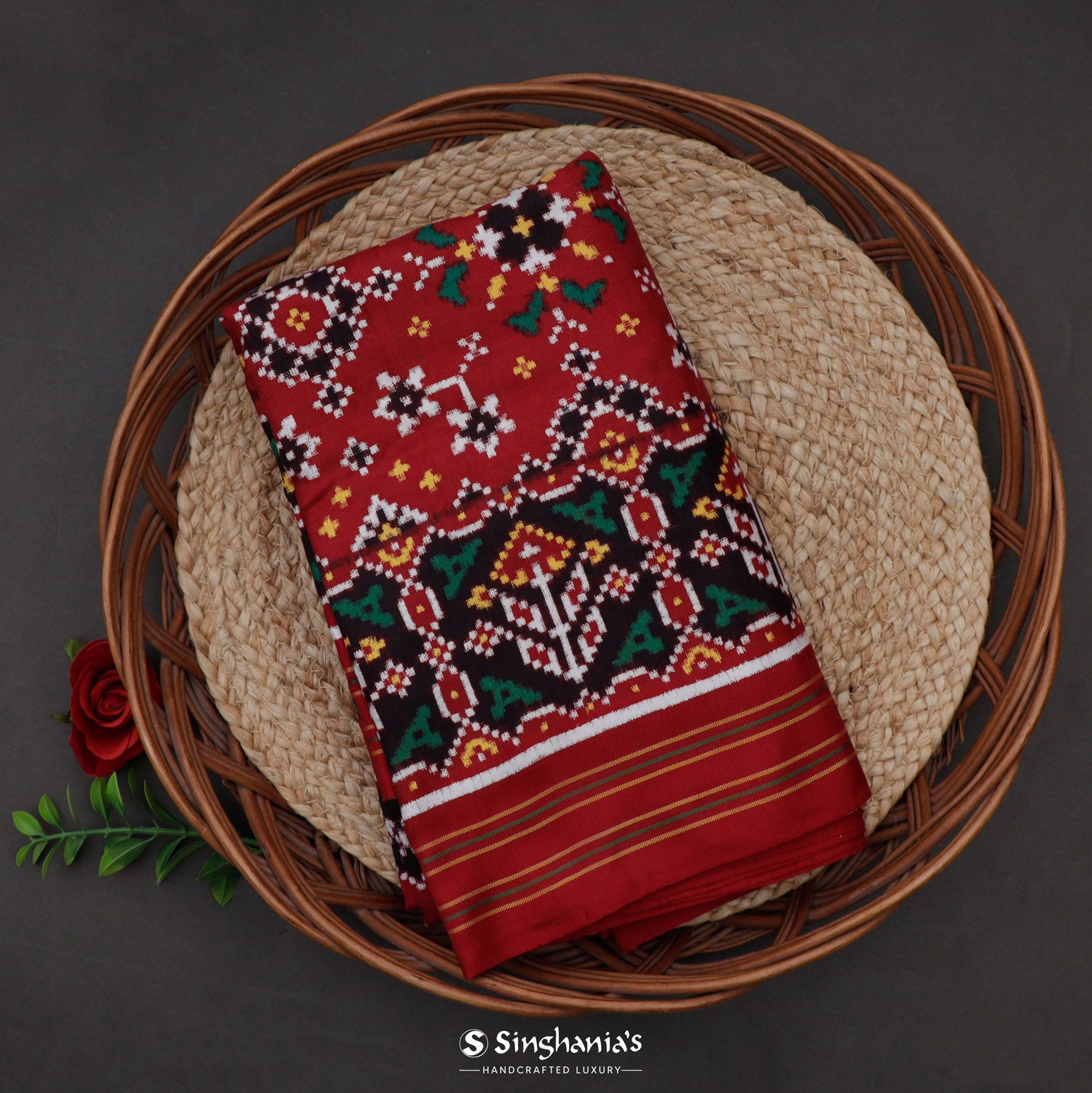 Dark Red Patola Silk Saree With Floral Fauna Pattern