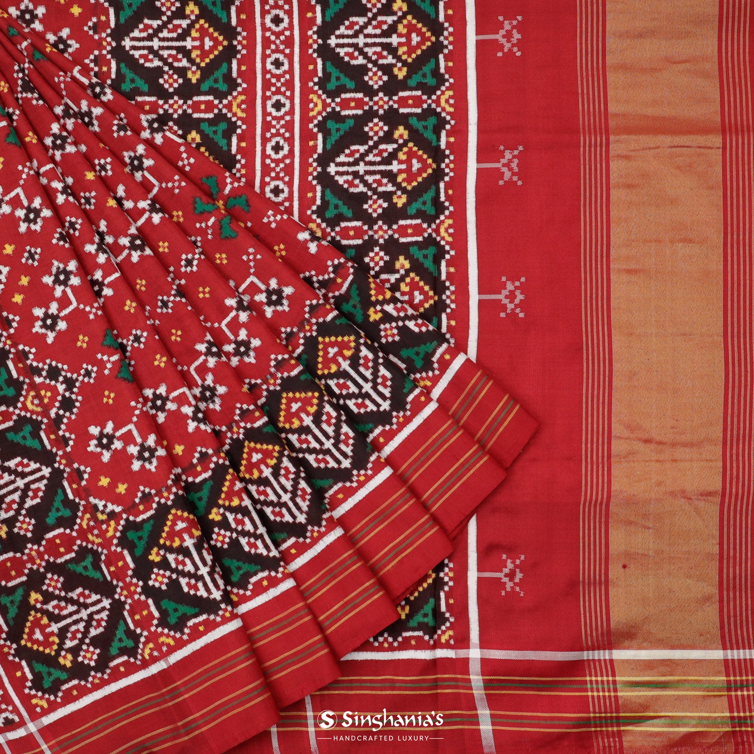 Dark Red Patola Silk Saree With Floral Fauna Pattern