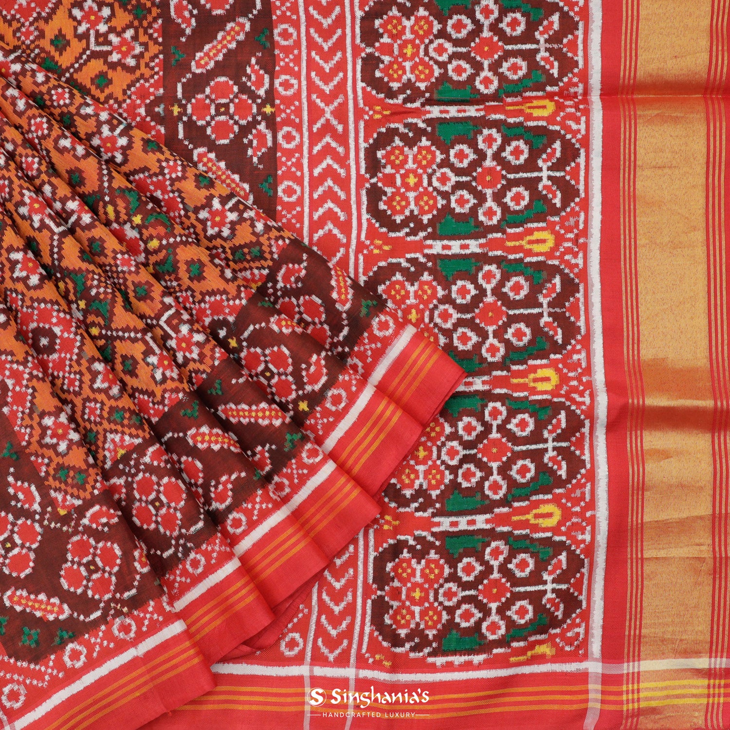 Deep Yellow Orange Patola Silk Saree With Floral Fauna Pattern