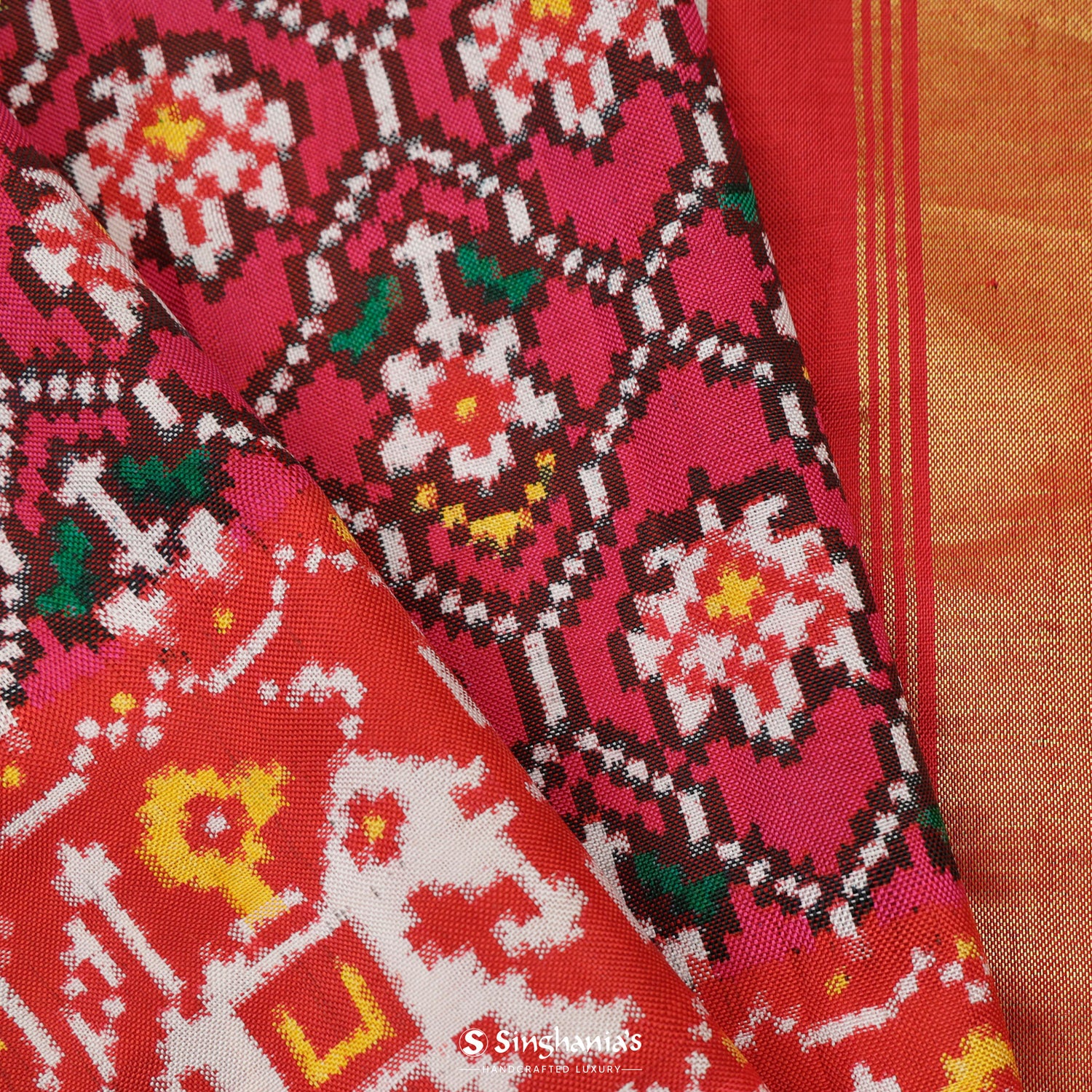 Debian Red Pink Patola Silk Saree With Floral Fauna Pattern