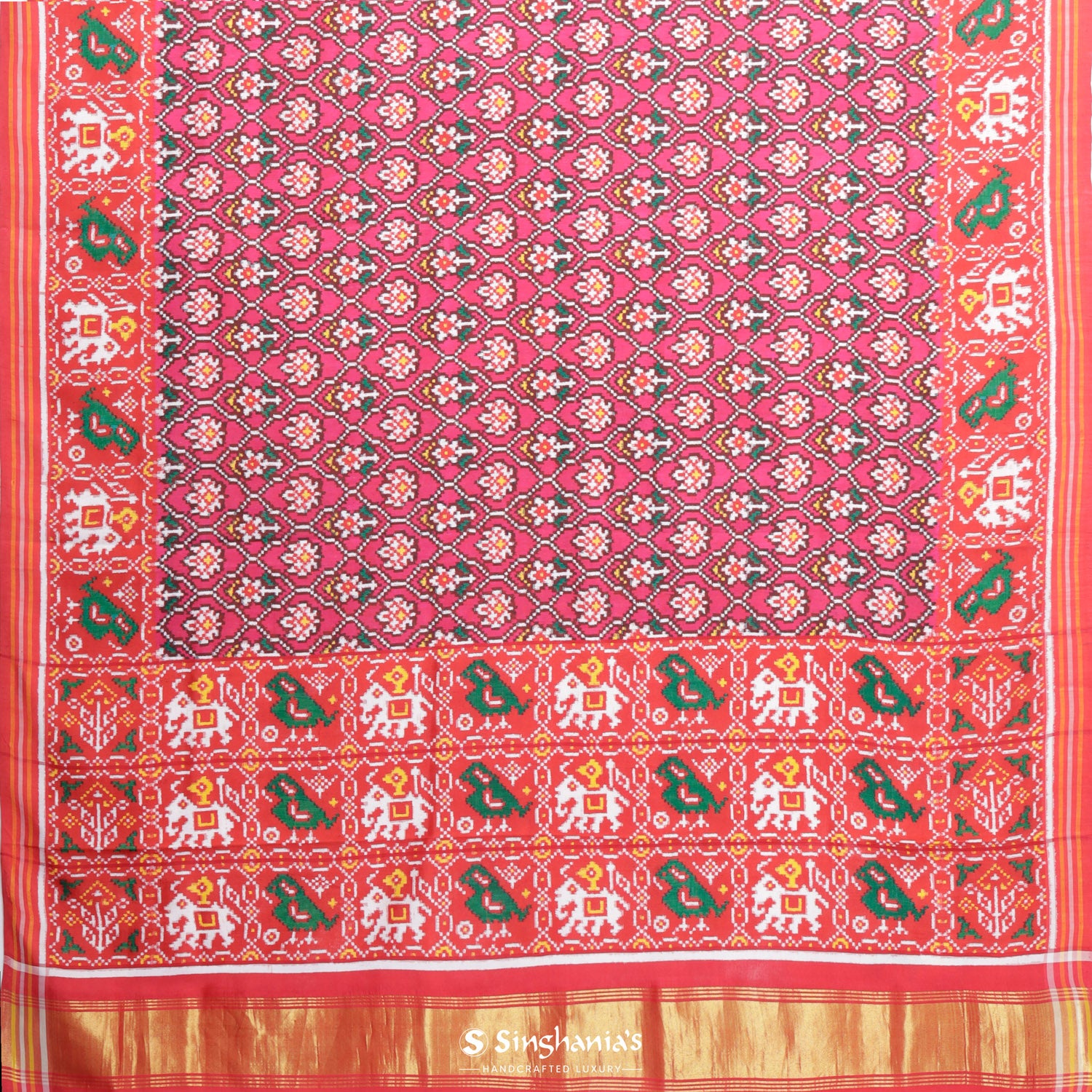 Debian Red Pink Patola Silk Saree With Floral Fauna Pattern