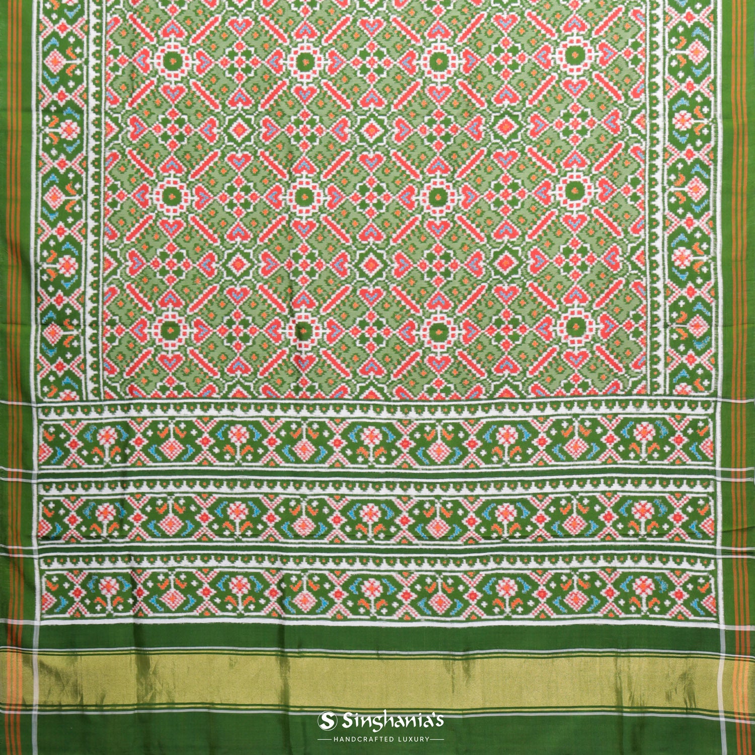 Sap Green Patola Silk Saree With Floral Fauna Pattern