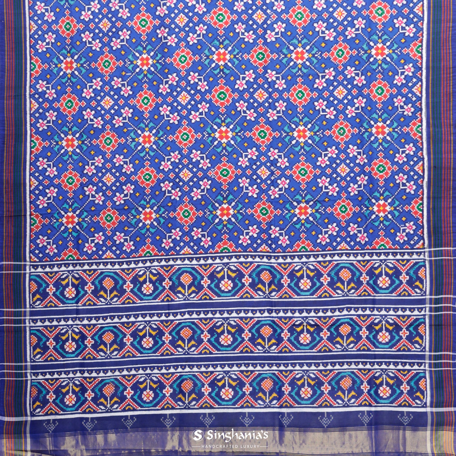 Ultramarine Blue Patola Silk Saree With Floral Fauna Pattern
