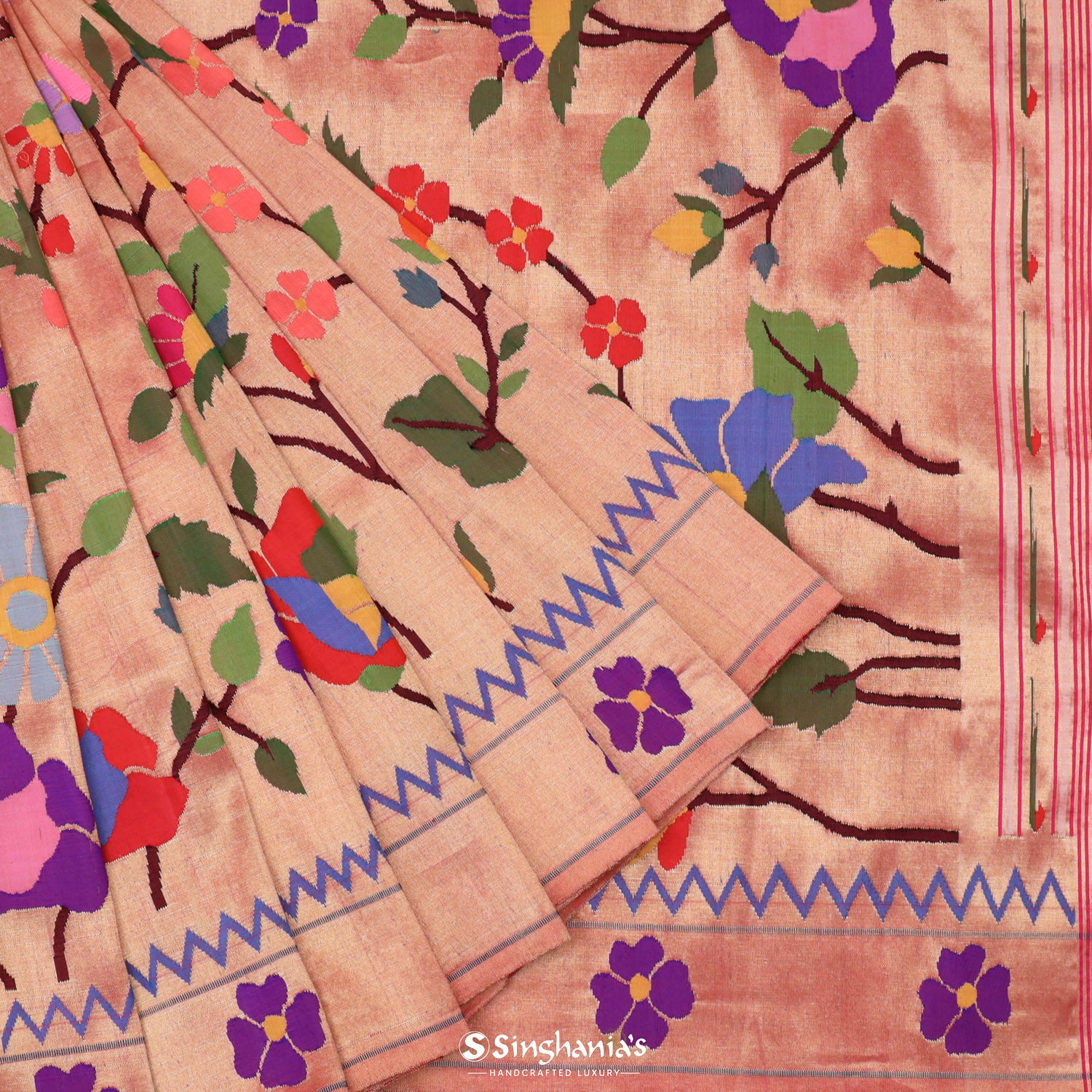 Goldish Pink Paithani Handloom Silk Saree