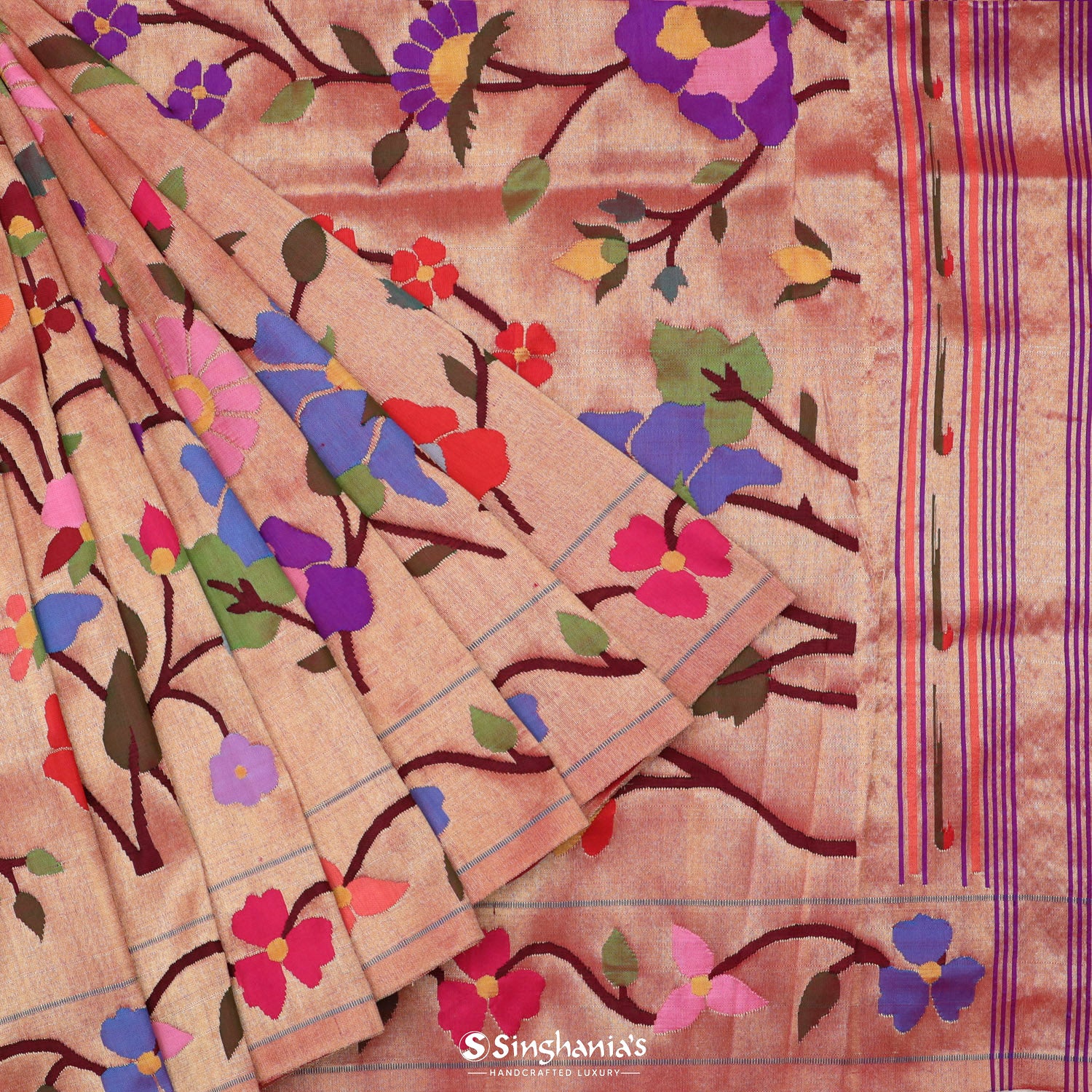 Gold Flamingo Purple Paithani Handloom Silk Saree