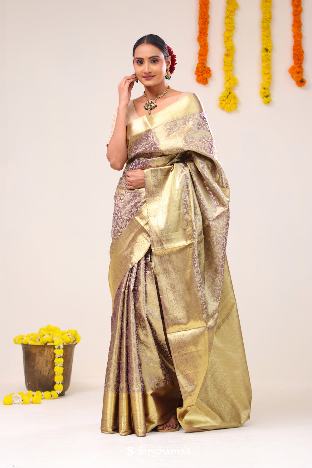 Rose Gold Jaal Kanjivaram Silk Saree