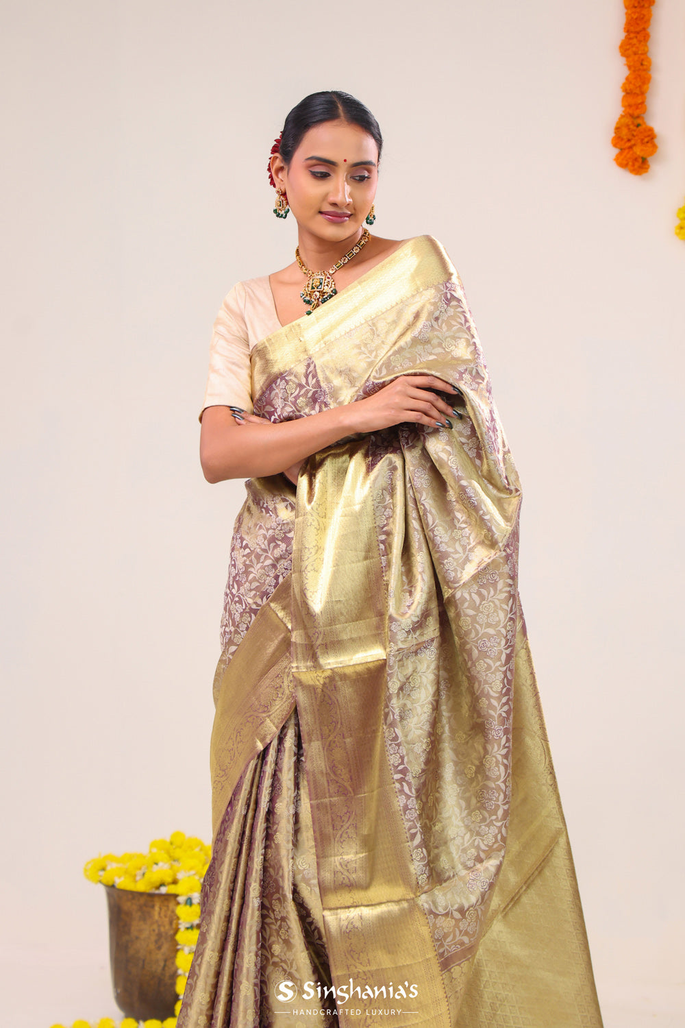 Rose Gold Jaal Kanjivaram Silk Saree