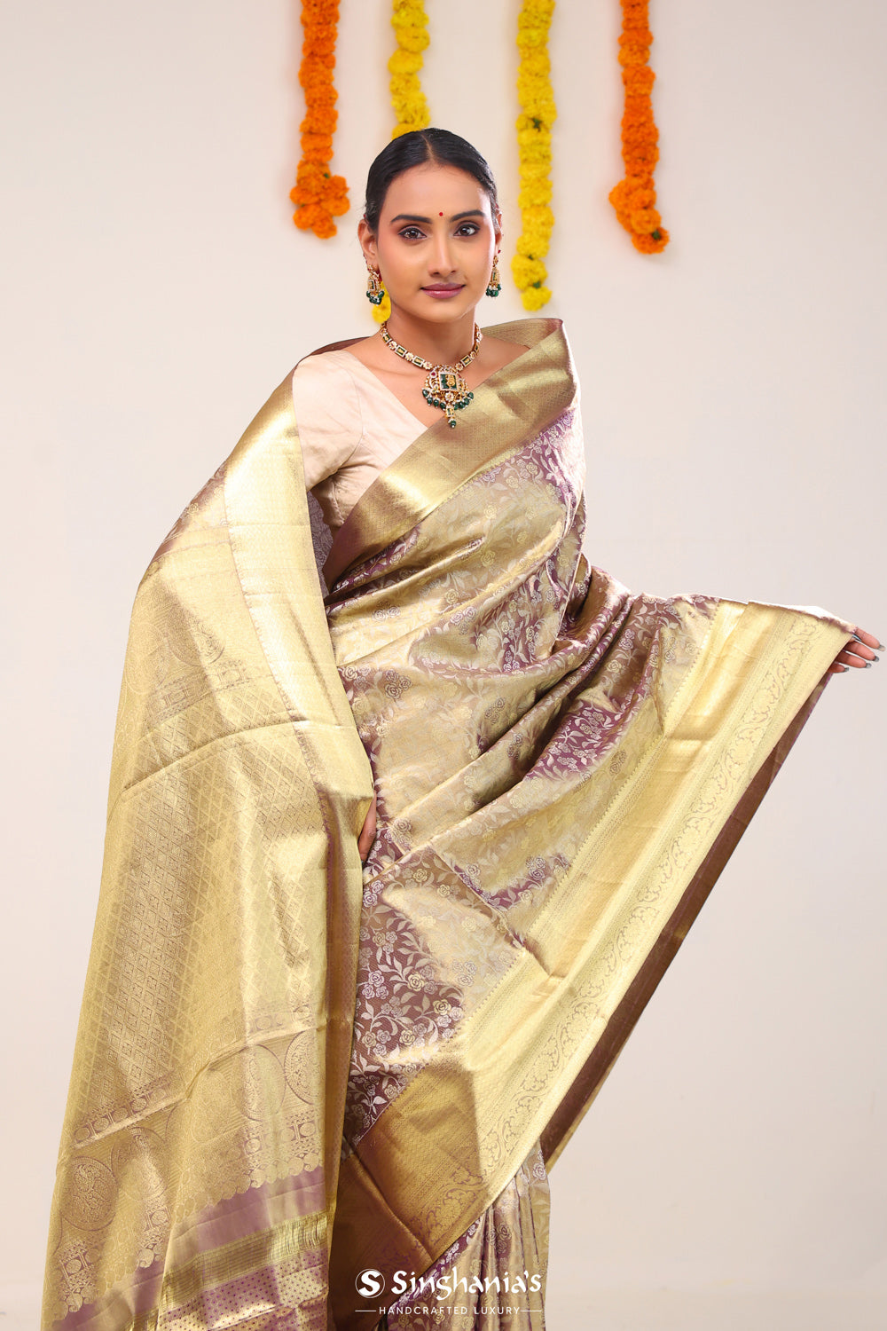 Rose Gold Jaal Kanjivaram Silk Saree