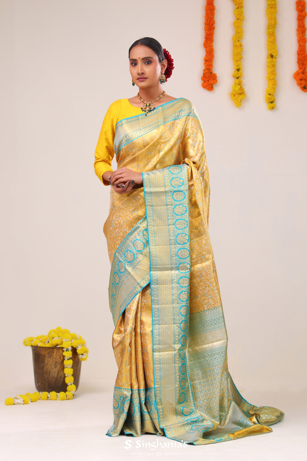 Mustard Gold Jaal Kanjivaram Silk Saree