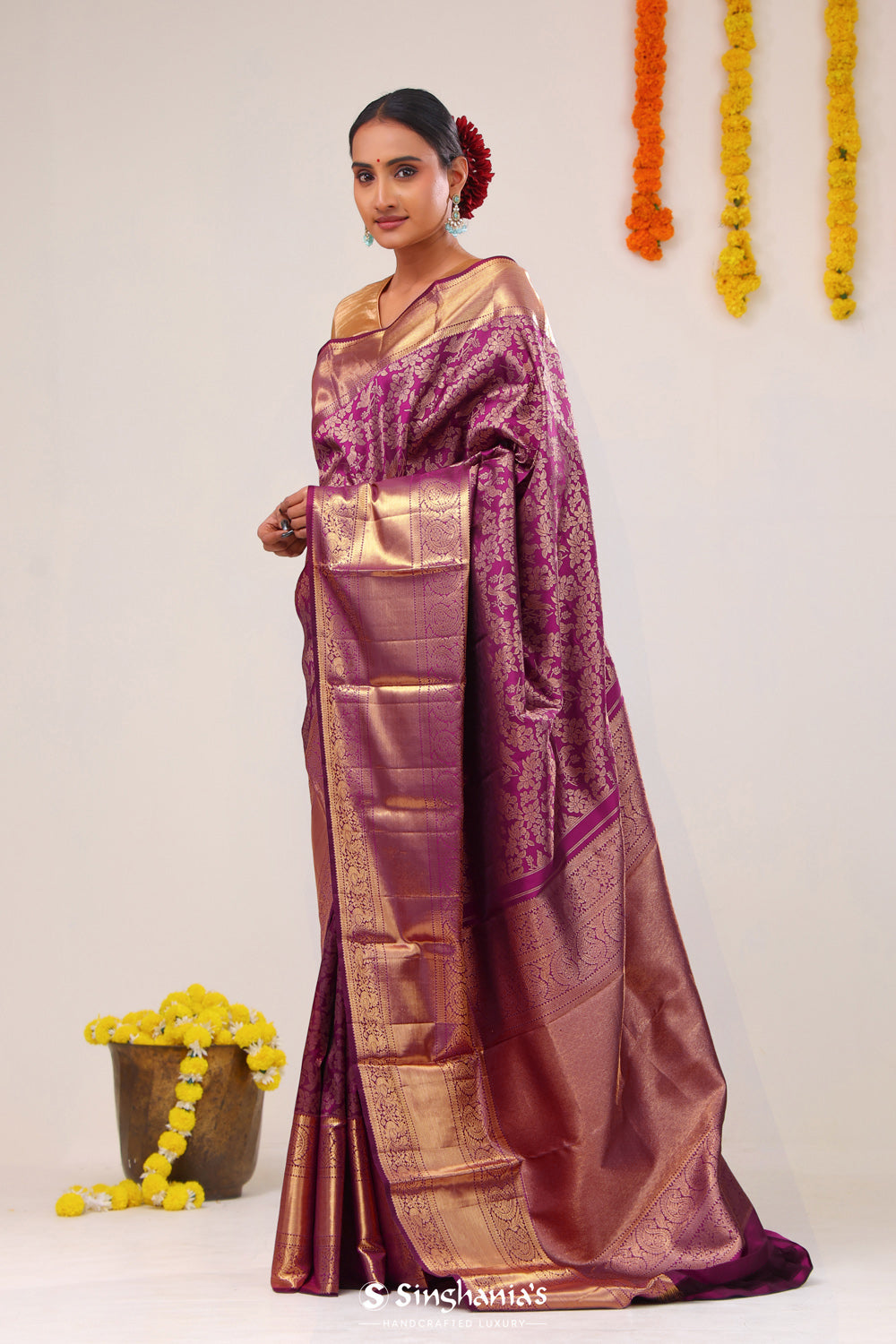 Dark Raspberry Jaal Kanjivaram Silk Saree