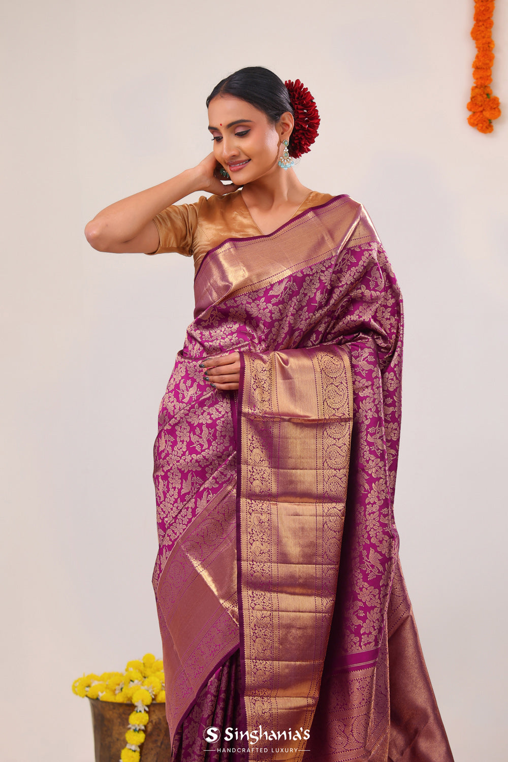 Dark Raspberry Jaal Kanjivaram Silk Saree