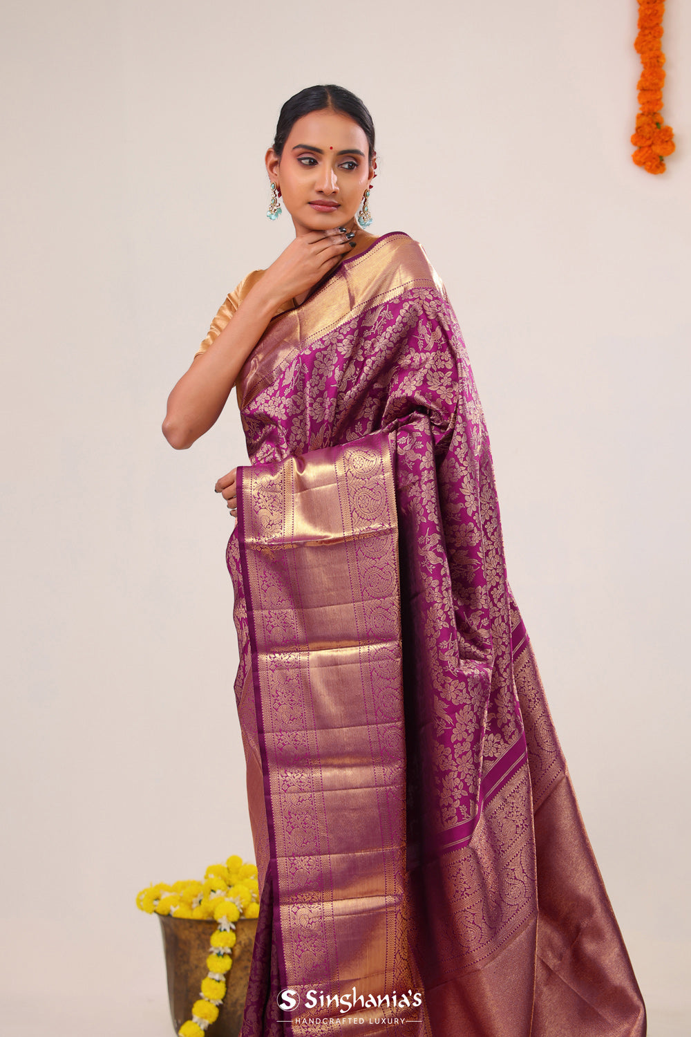 Dark Raspberry Jaal Kanjivaram Silk Saree