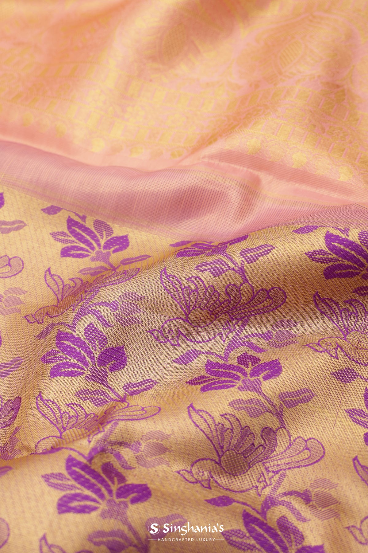 Golden Pink Tissue Kanjivaram Silk Saree With Floral Peacock Design