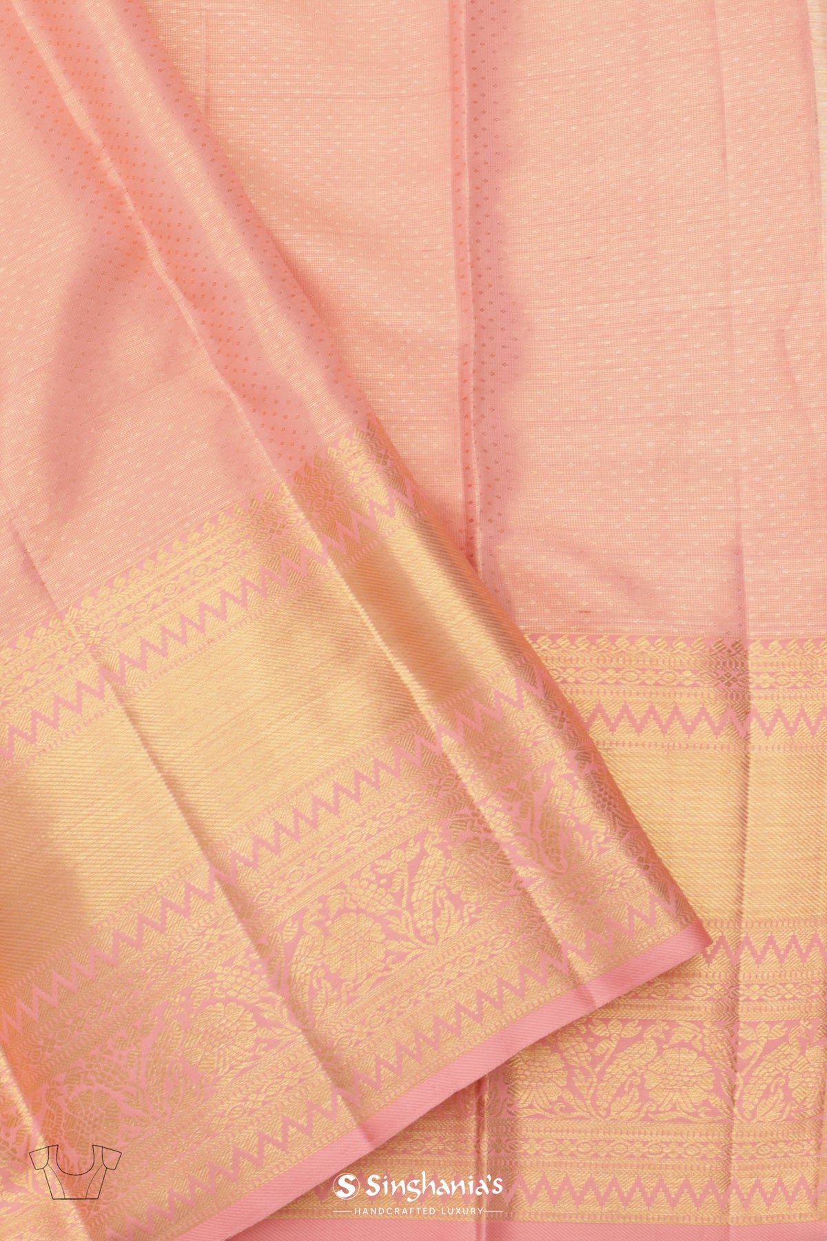 Golden Pink Tissue Kanjivaram Silk Saree With Floral Peacock Design