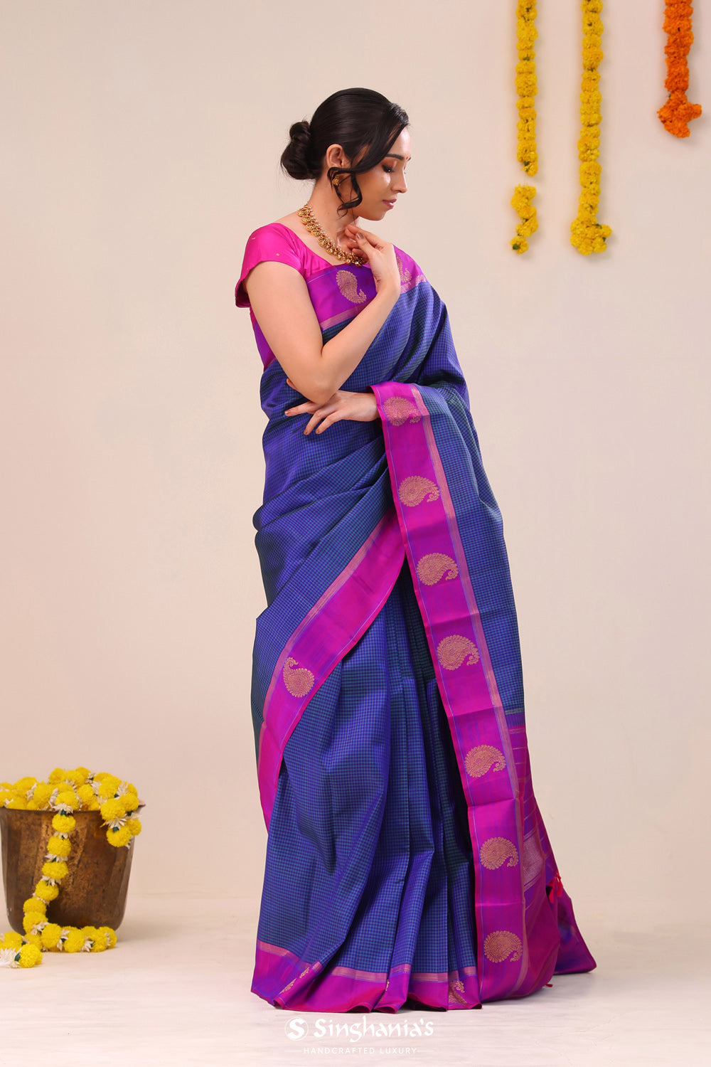 Royal Blue Checks Kanjivaram Silk Saree